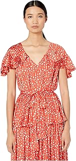 ML Monique Lhuillier Printed Top with Ruffled Sleeves Cayenne Multi MD
