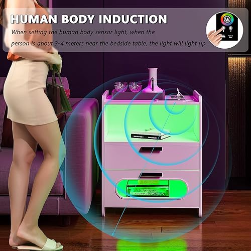 Miniatura 5 de HNEBC Mesita de noche LED con estación de carga y puertos inalámbricosUSB, mesita de noche inteligente con luces RGB, mesita de noche moderna,