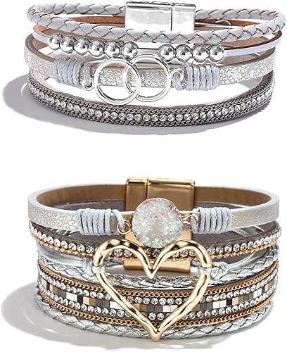 Long tiantian Pulseras de cuero para mujer, pulseras bohemias con cuentas de cristal con cierre magnético, pulsera bohemia de varias capas, regalos