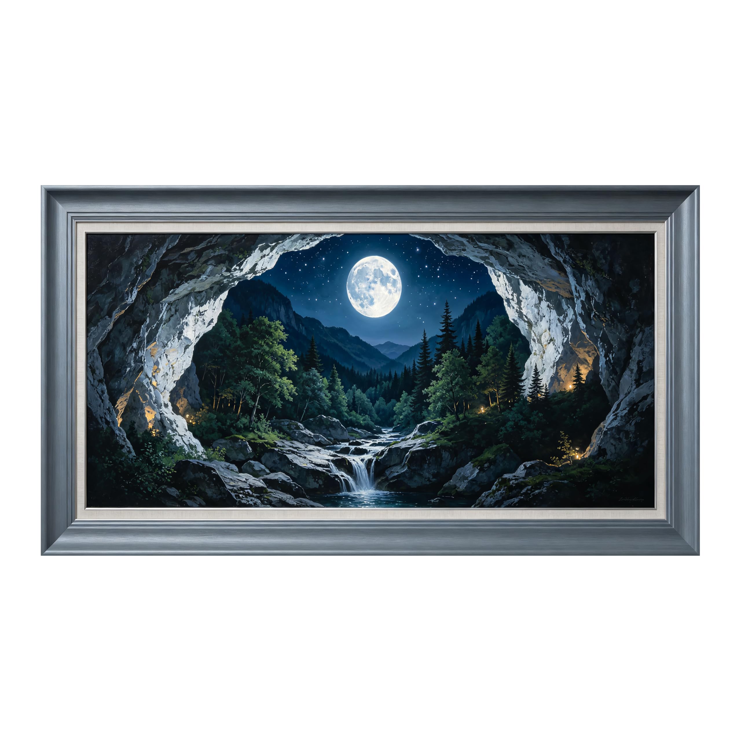 Yzpallescene Art260711017 3D Framed Wall Art Moonlit Cave Forest Waterfall Landscape Large Size Selfadhesive Removable Wall Decor Prints Artwork For Living Room Bedroom Office