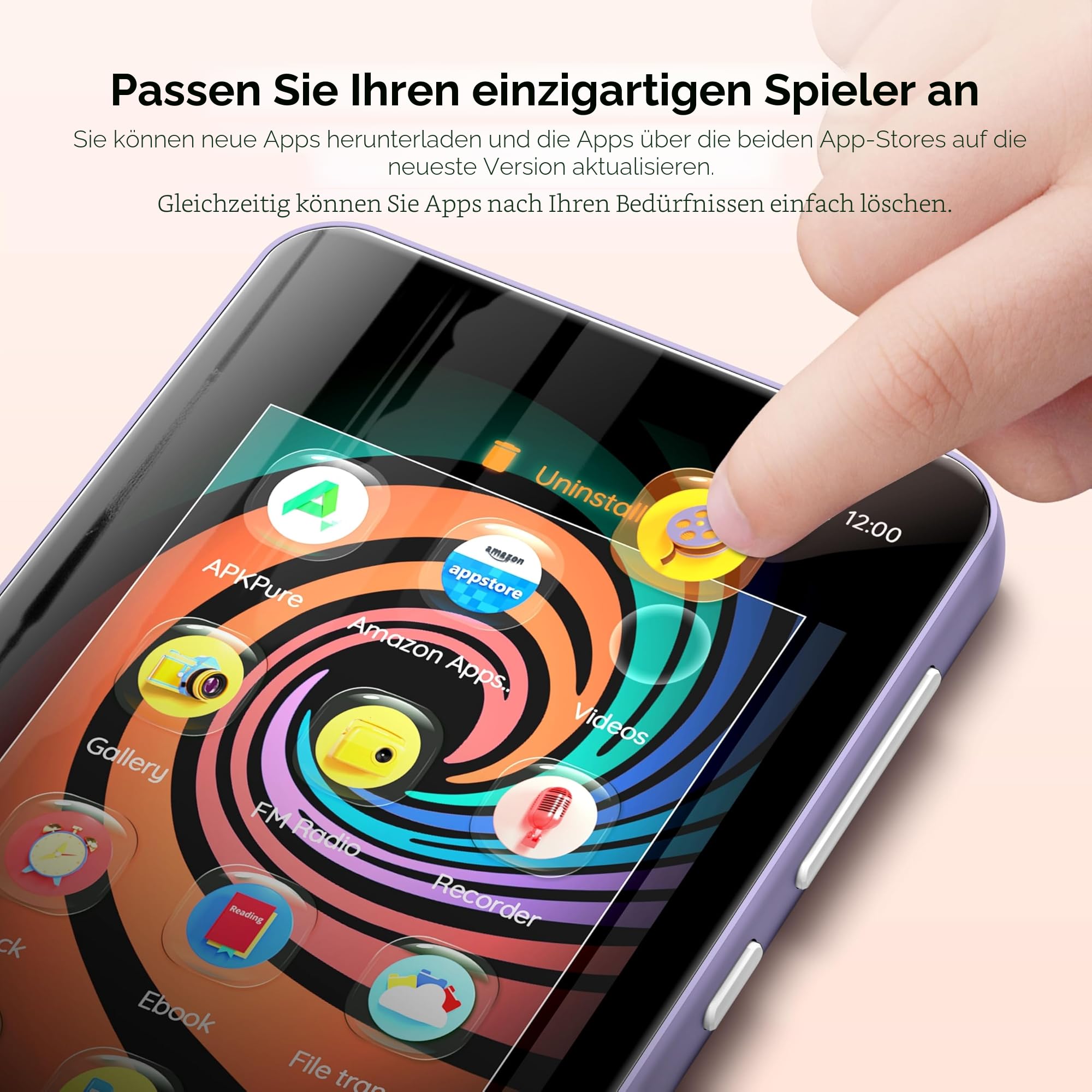 160GB MP3 Player mit Bluetooth und WiFi, innioasis Musik Player mit Spotify, Amazon Music, 4" Touchscreen Android MP4 MP3 Player für Kinder, Audible, Spotify Kinder Lila