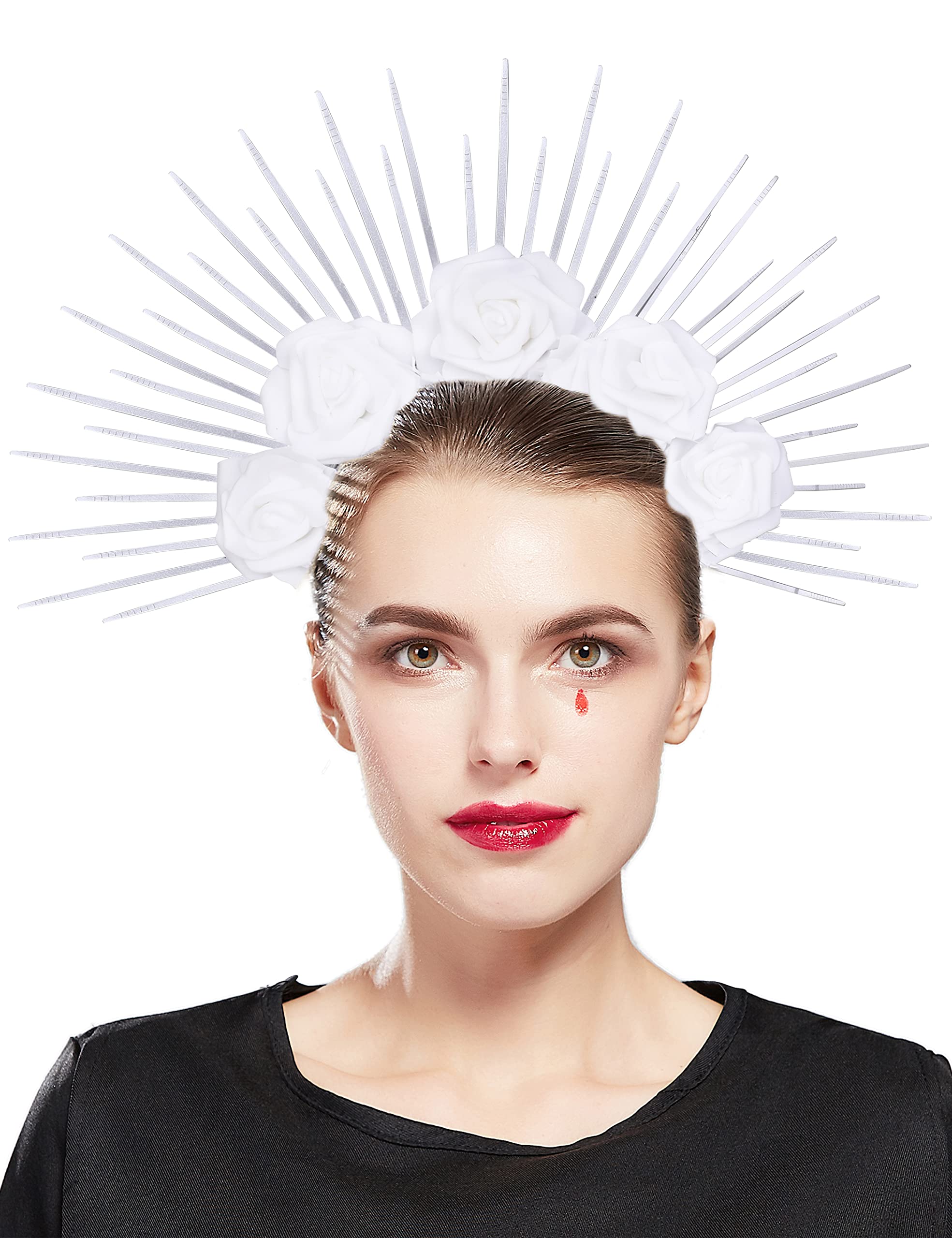 Fantherin Halo Crown with Roses Womens Mexican Flower Goddess Rose Spiked Sun Headpiece for Cosplay Halloween Costume