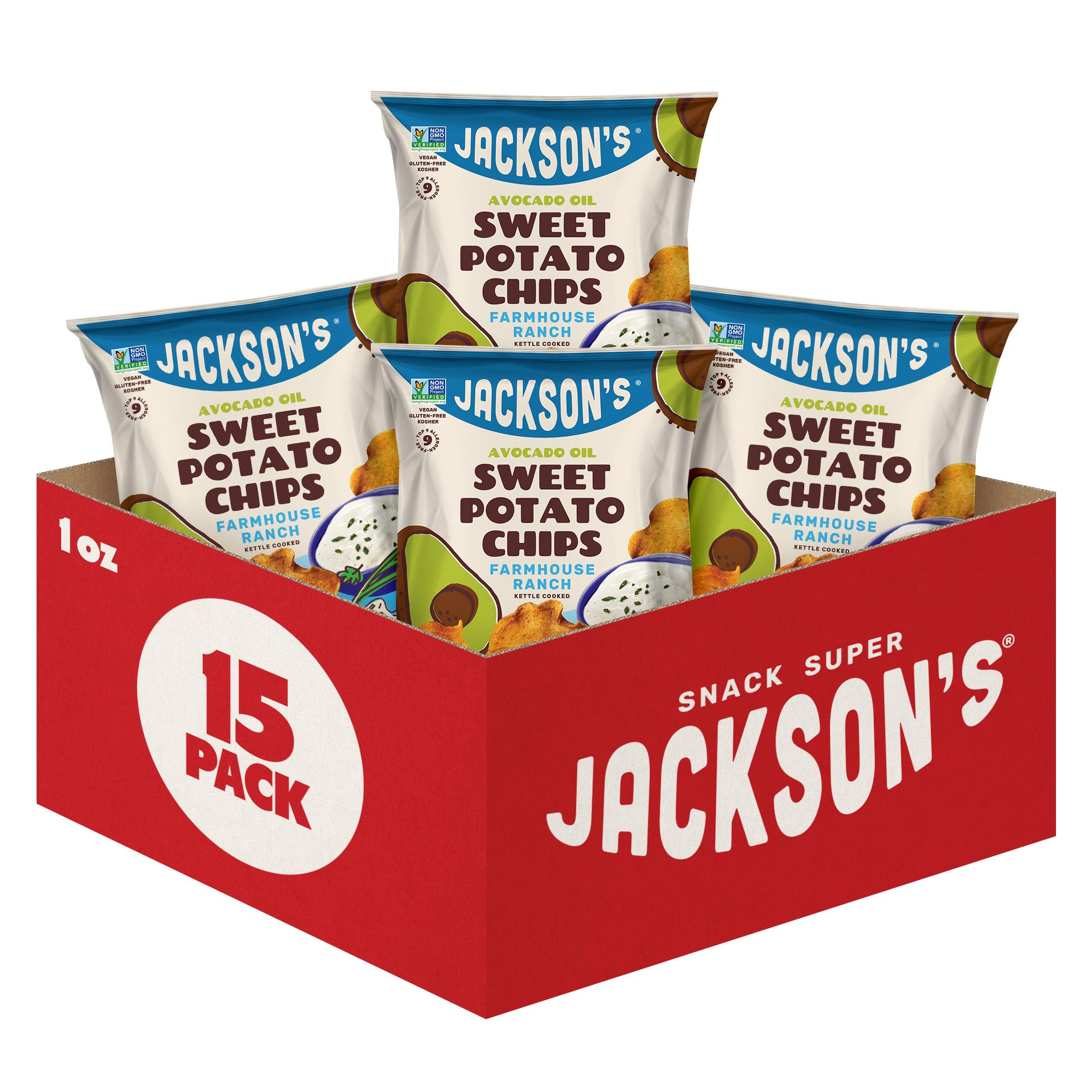 Jackson’s Sweet Potato Farmhouse Ranch Kettle Cooked Chips - with Premium Avocado Oil (1 oz, Pack of 15) - Gluten-Free, Peanut Free, Vegan, Allergen-Friendly - Shark Tank Product