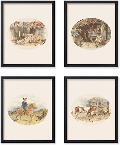 Poster Master Póster retro de 4 piezas con estampado de granja vintage, arte de granja, diseño de pared pastel en acuarela, arte bohemio elegante,