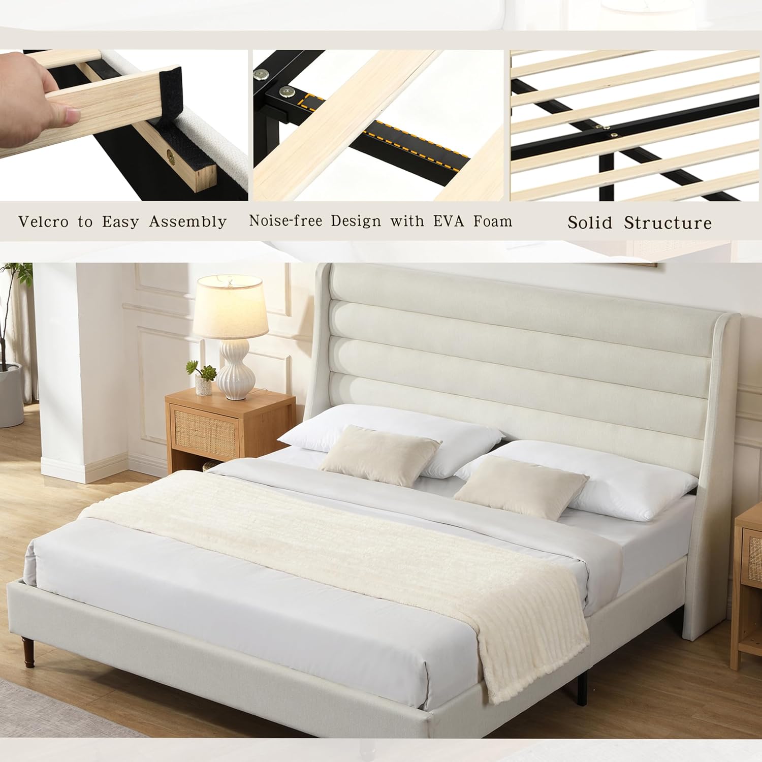 King Size Upholstered Platform Bed Frame, 53" High Wave-Shaped Wingback Headboard Bedframe, Modern Beds with Wood Slats, No Box Spring Needed/Easy Assembly, Ivory Chenille