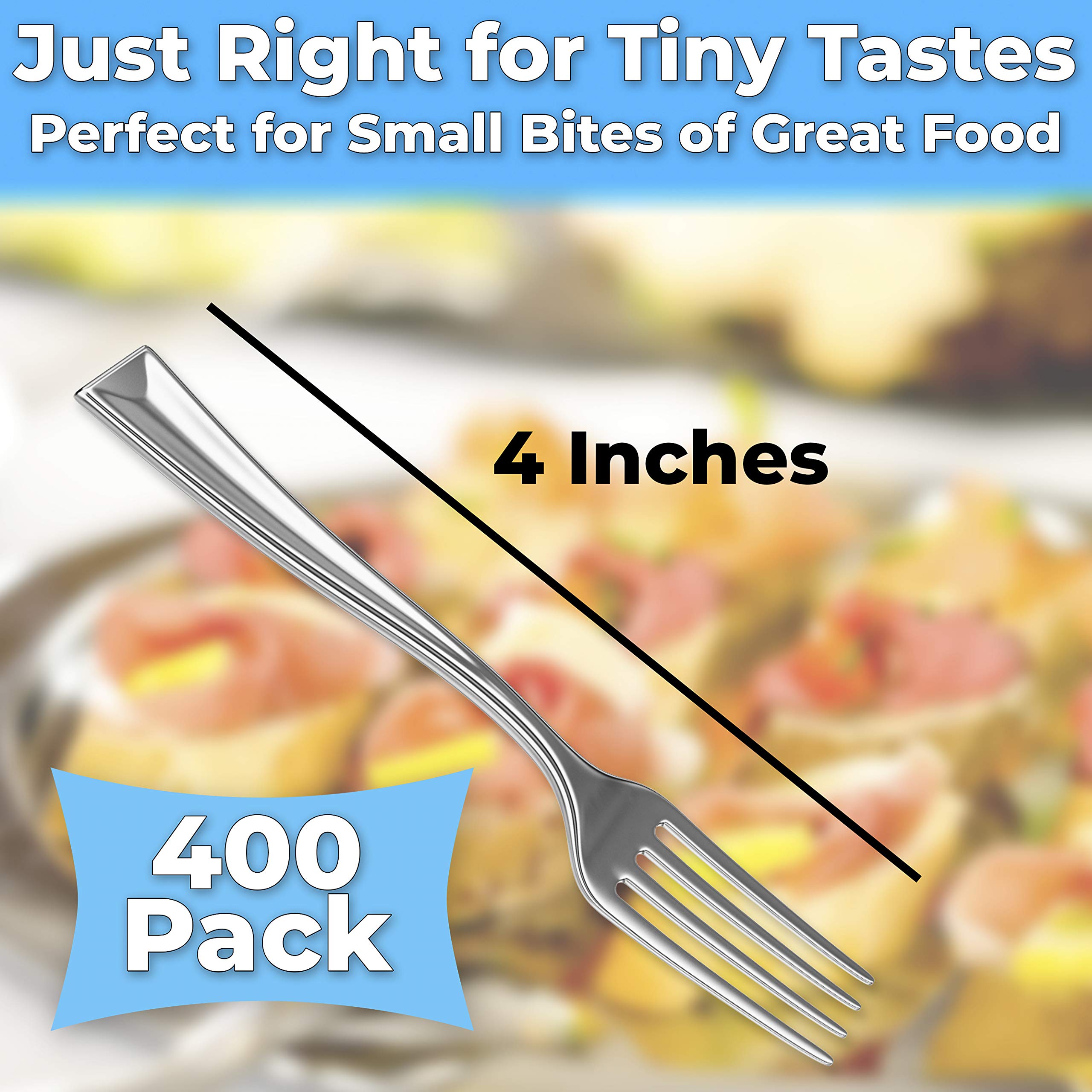 Super Elegant, BPA Free 400ct Plastic Tasting Forks. Mini Cocktail or Sampling Fork Set for Hors D'Oeuvres, Appetizers, Shrimp and Seafood. Durable, Recyclable 4 Tine Utensil with Stainless Steel Look — Amazon image 6