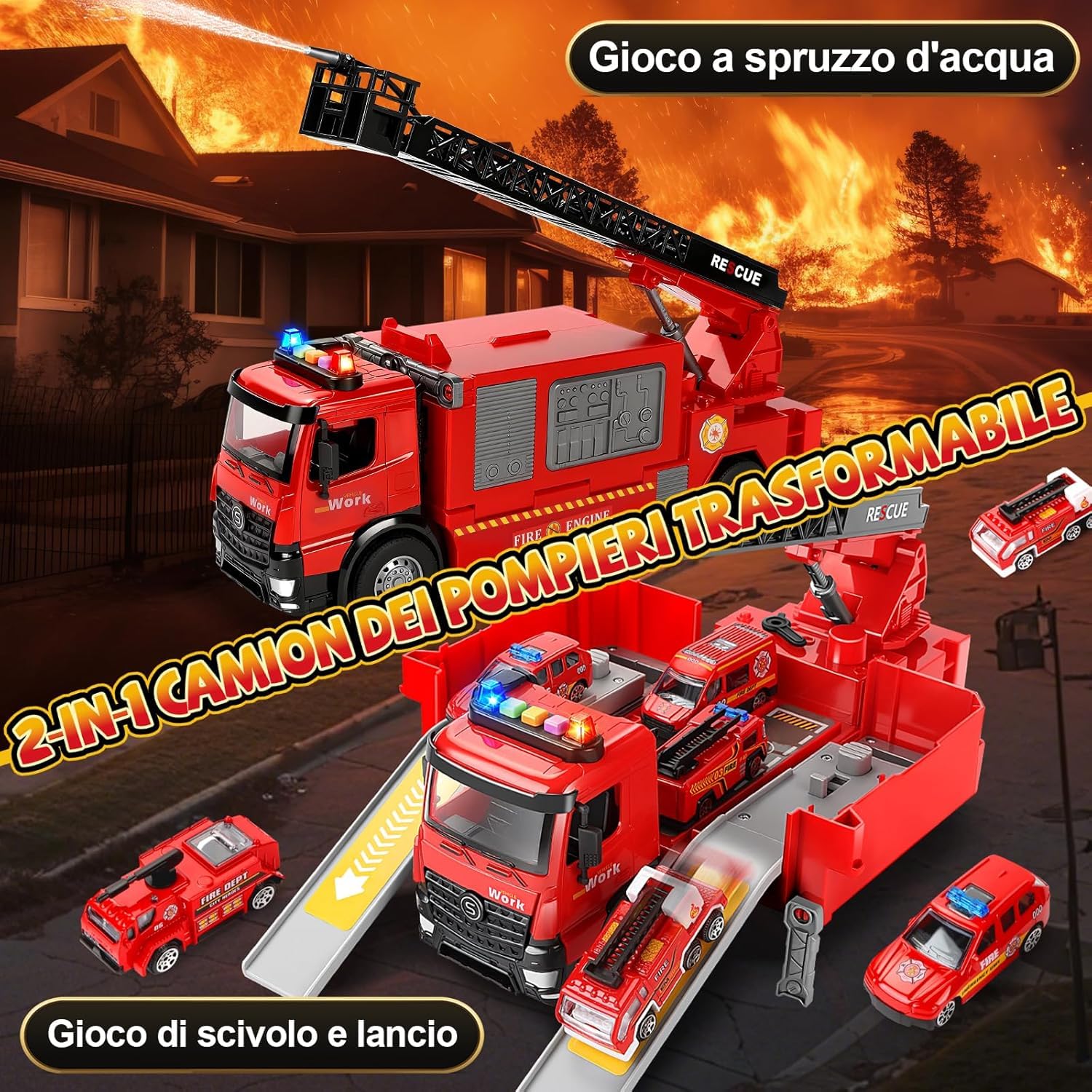 JONRRYIN Camion Pompieri Giocattolo per Bambini, Autopompa dei Vigili del Fuoco con Luci e Suoni, Pompiere Giocattoli con Irrigatore e Scala Retrattile, Regalo Antincendio Bambini 3 4 5 6 7 8 Anni