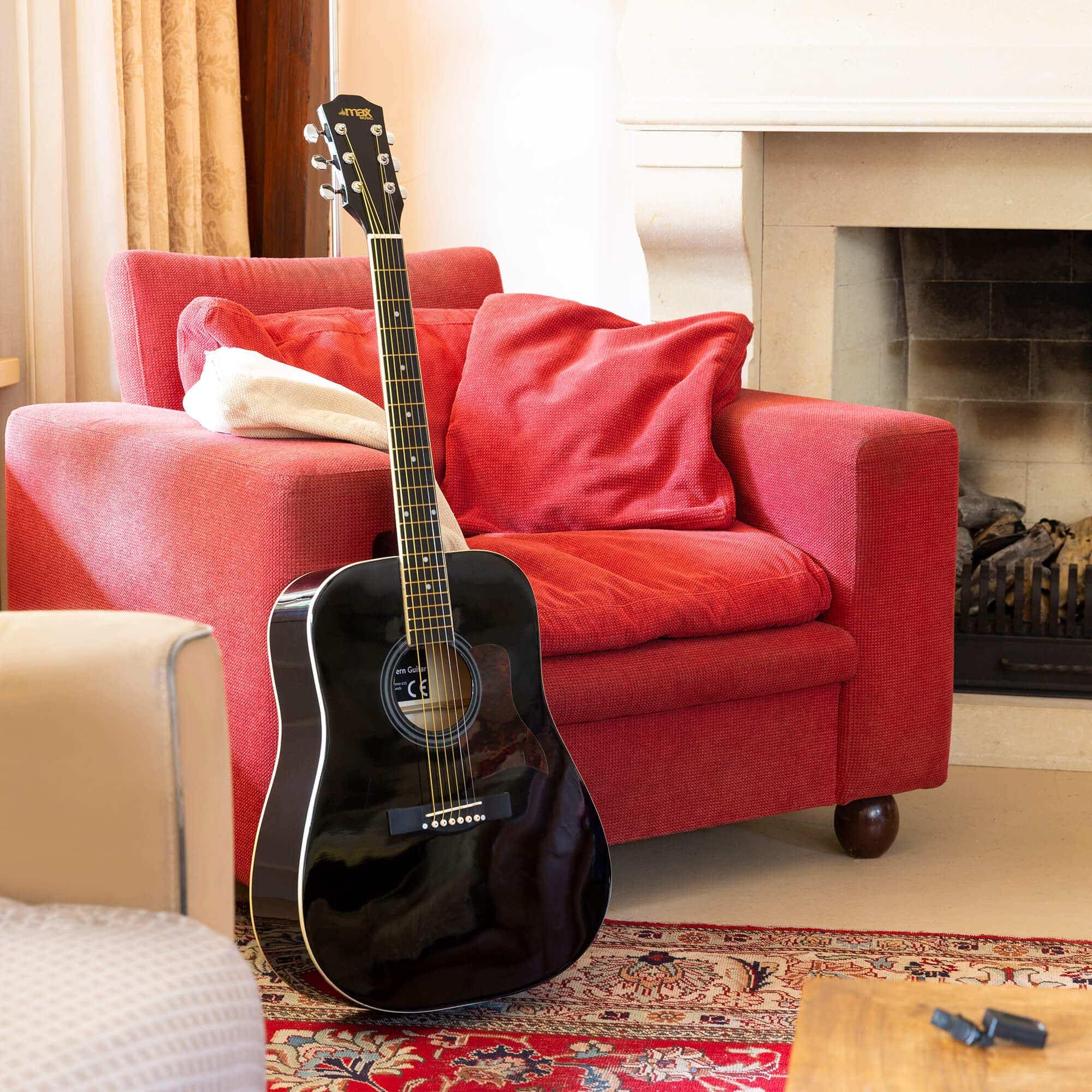 MAX SoloJam Western Kit de Démarrage pour Guitare Acoustique avec Support de Guitare - Noir, Idéal pour Débuter la Guitare