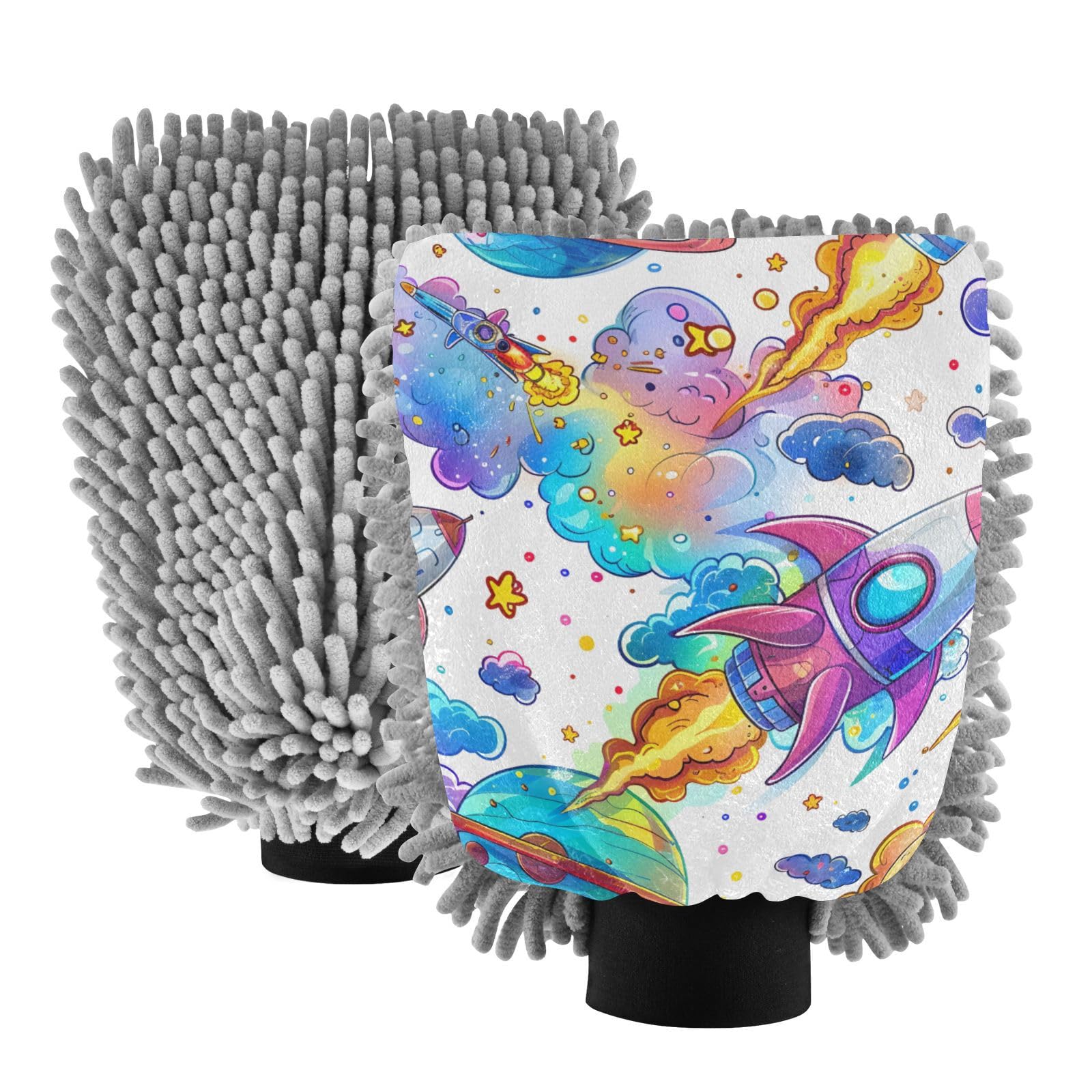 IOACIY Absorbent Microfiber Car Wash Drying Mitts, 2 Pack, Scratch-Free & Lint-Free, Rich Foam, Highly Absorbent, Double Sided, Wash Mitt Perfect for Car Washing, L, Universe Starry Sky Rocket (3)