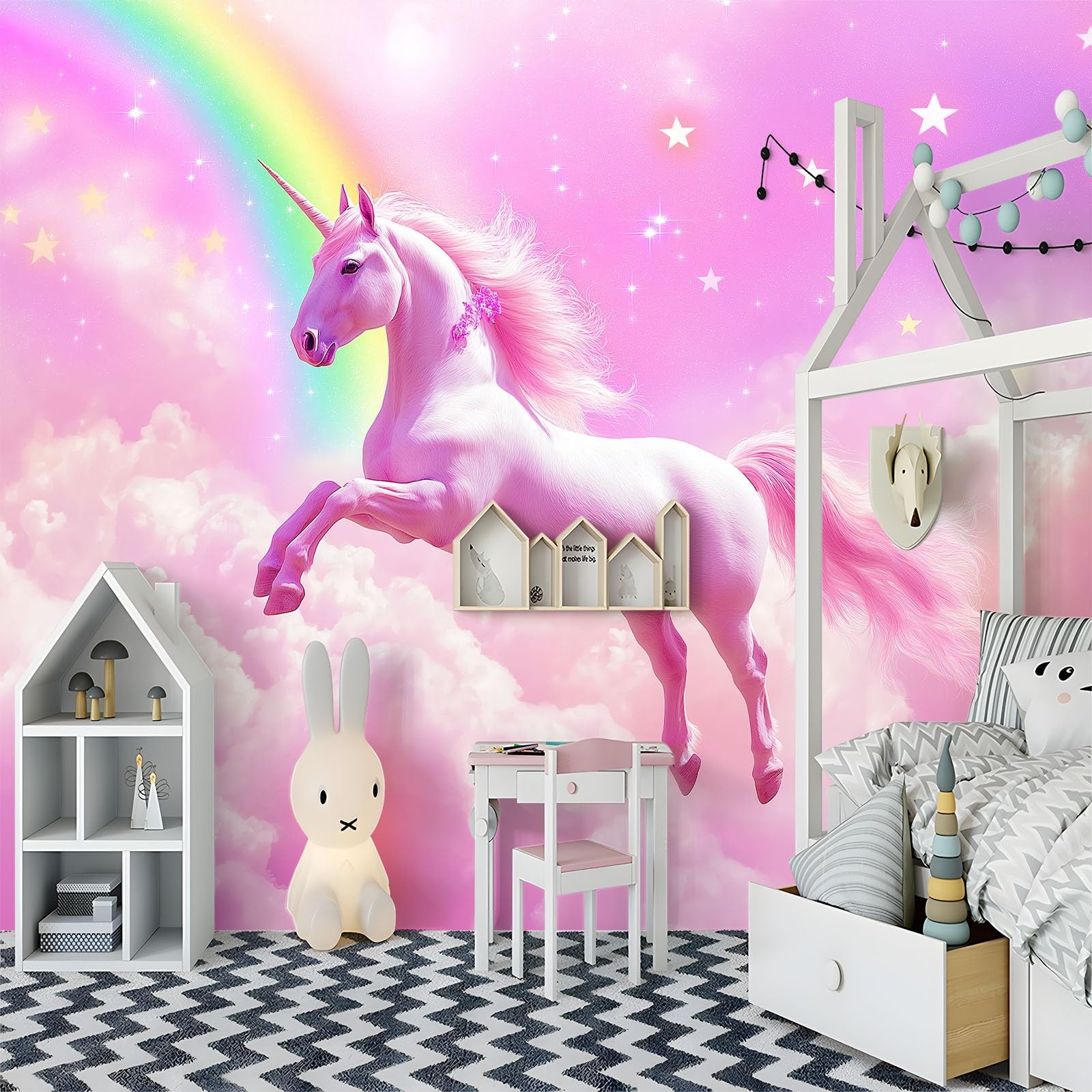 Tapeta ścienna z kreskówki, jednorożec, tęcza, gwiazdy, fototapeta, anime, tapeta z włókniny, dekoracja ścienna, 350 x 256 cm, tapeta z efektem 3D, plakat panoramiczny do sypialni, salonu, pokoju