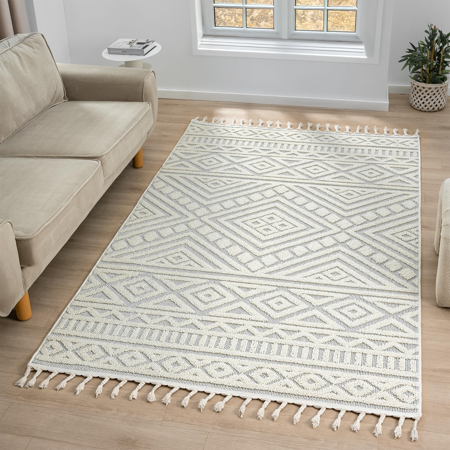 VIMODA Tapis bohème, pour salon, chambre à coucher, franges scandinave, tapis 3D, lavable, couleur : crème, dimensions : 200 x 290 cm