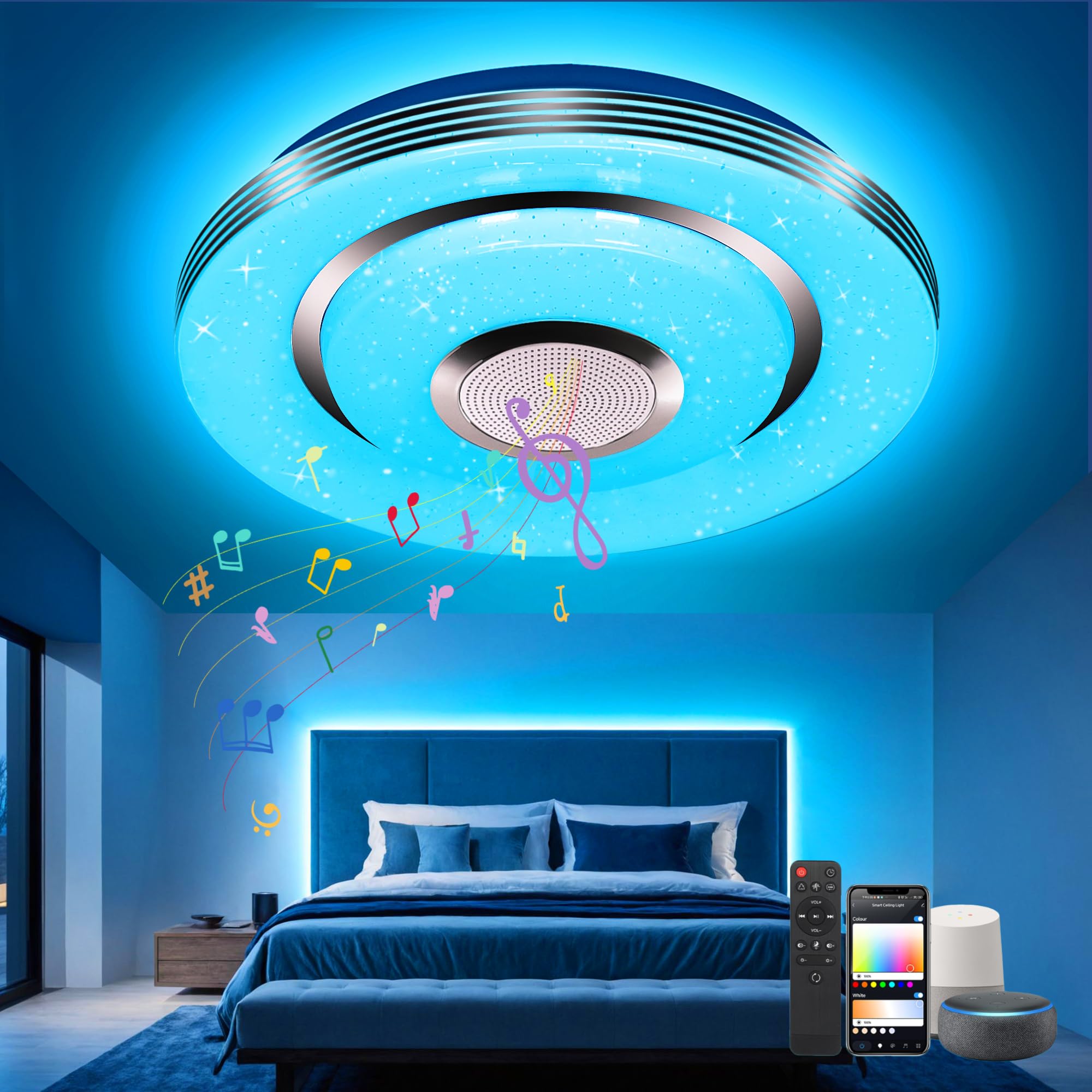 EASY EAGLE Plafon LED Techo con Altavoz Bluetooth, Compatible con Alexa y Google Home, RGB Lampara Led Techo Regulable con Mando a Distancia y APP para Dormitorio Salón Baño Habitacion, 30CM 28W