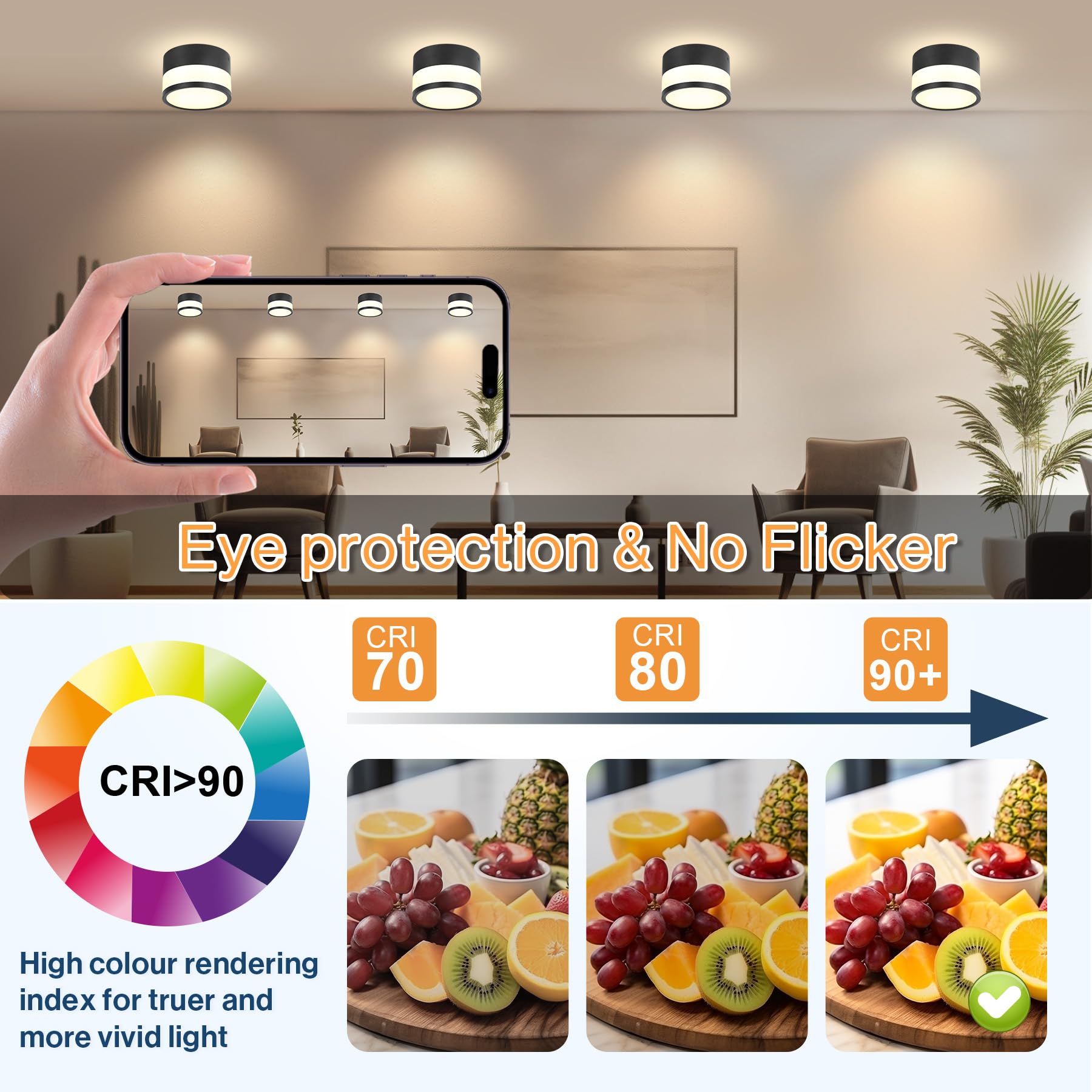 4x Spot LED Surface Dimmable, IP65 Plafonnier Spot avec Télécommande APP, 12W Spots de Plafond Noir 2700K-6500K Spot Plat Surface Aluminium 220V Rond Plafonnier Salle de Bain, Ø109mm
