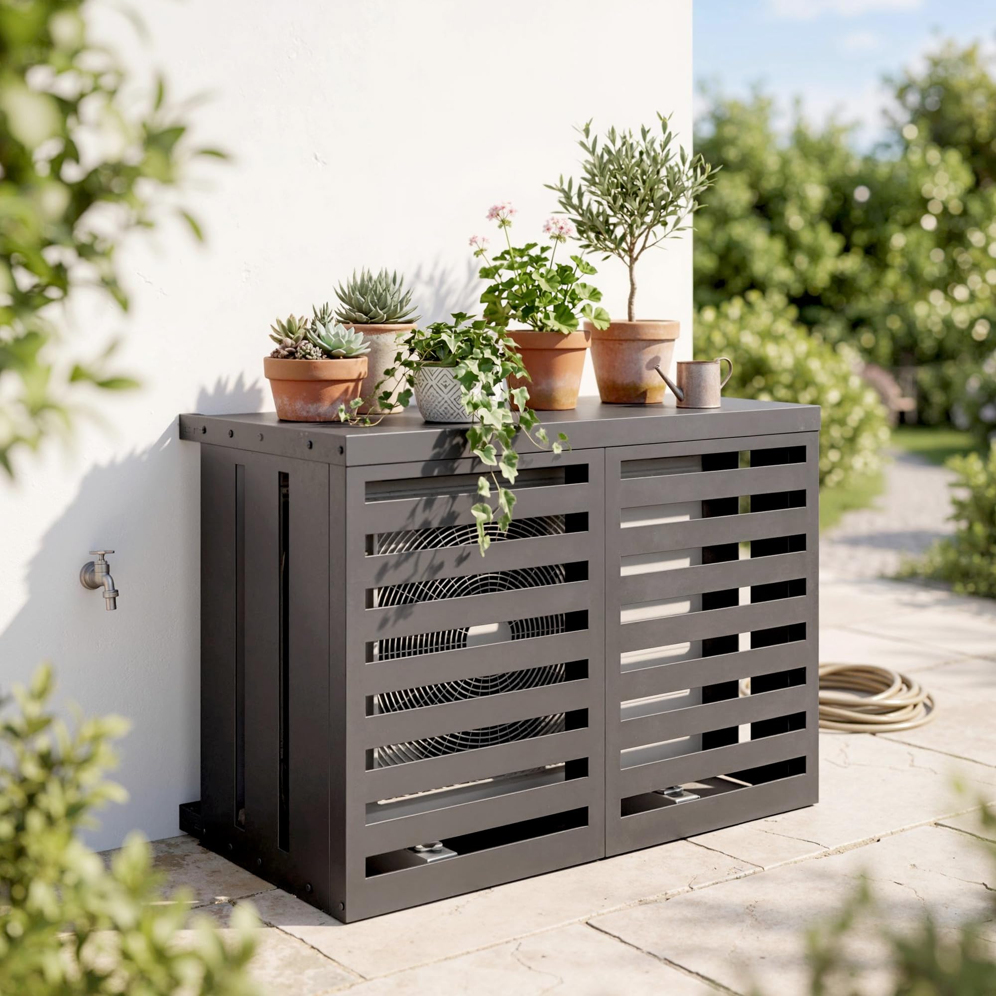 Outsunny Copertura per Condizionatore Esterno, Copri Condizionatore da Esterno in Acciaio Zincato, Recinzione con Doghe per Giardino, Grigio Scuro