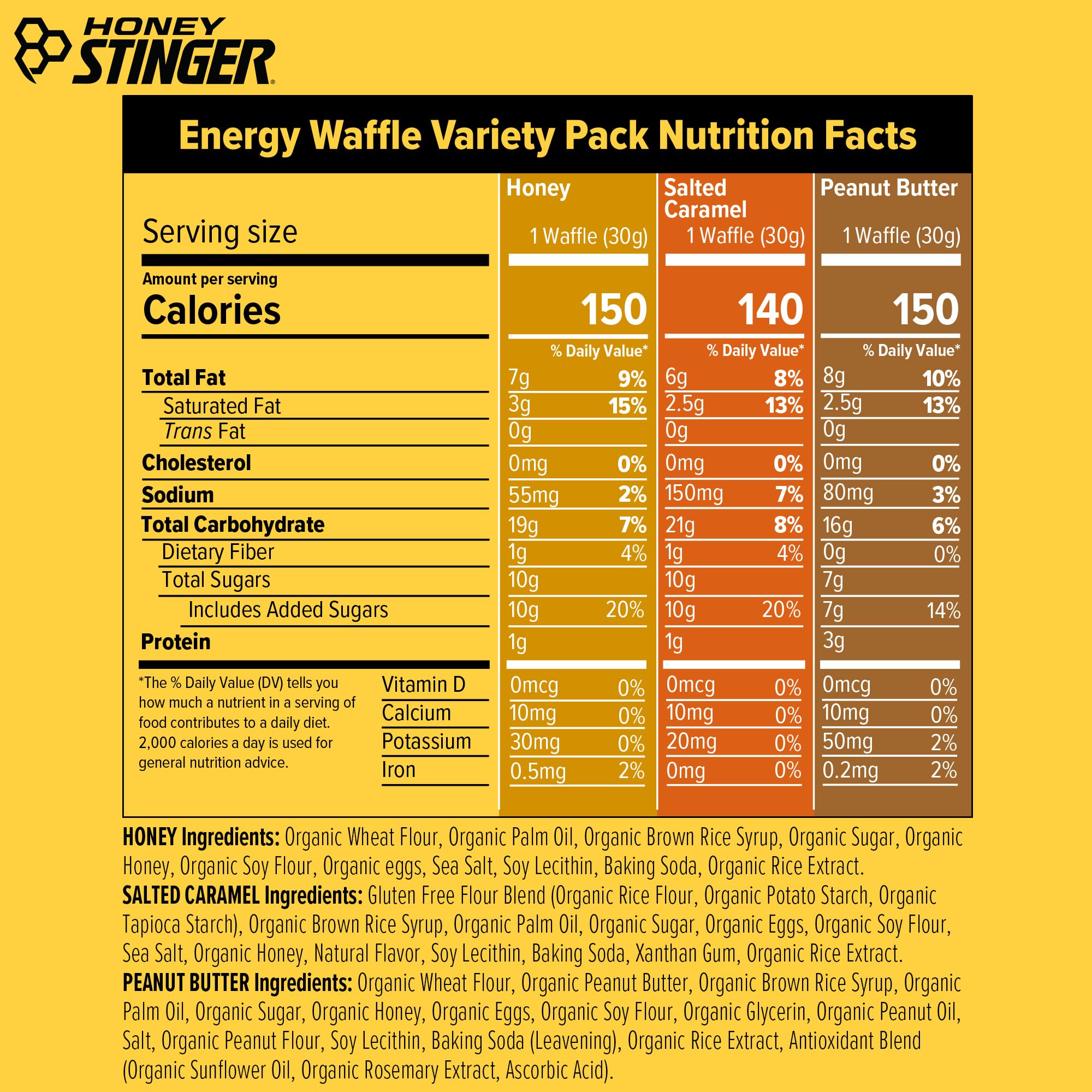 Honey Stinger Organic Energy Waffle Classic Original Flavors Variety Pack of 18, 6 Pack Each of Honey, Salted Caramel, Peanut Butter, Nutritious Stroopwafel Snack for Performance, Cycling, Running — Amazon image 2
