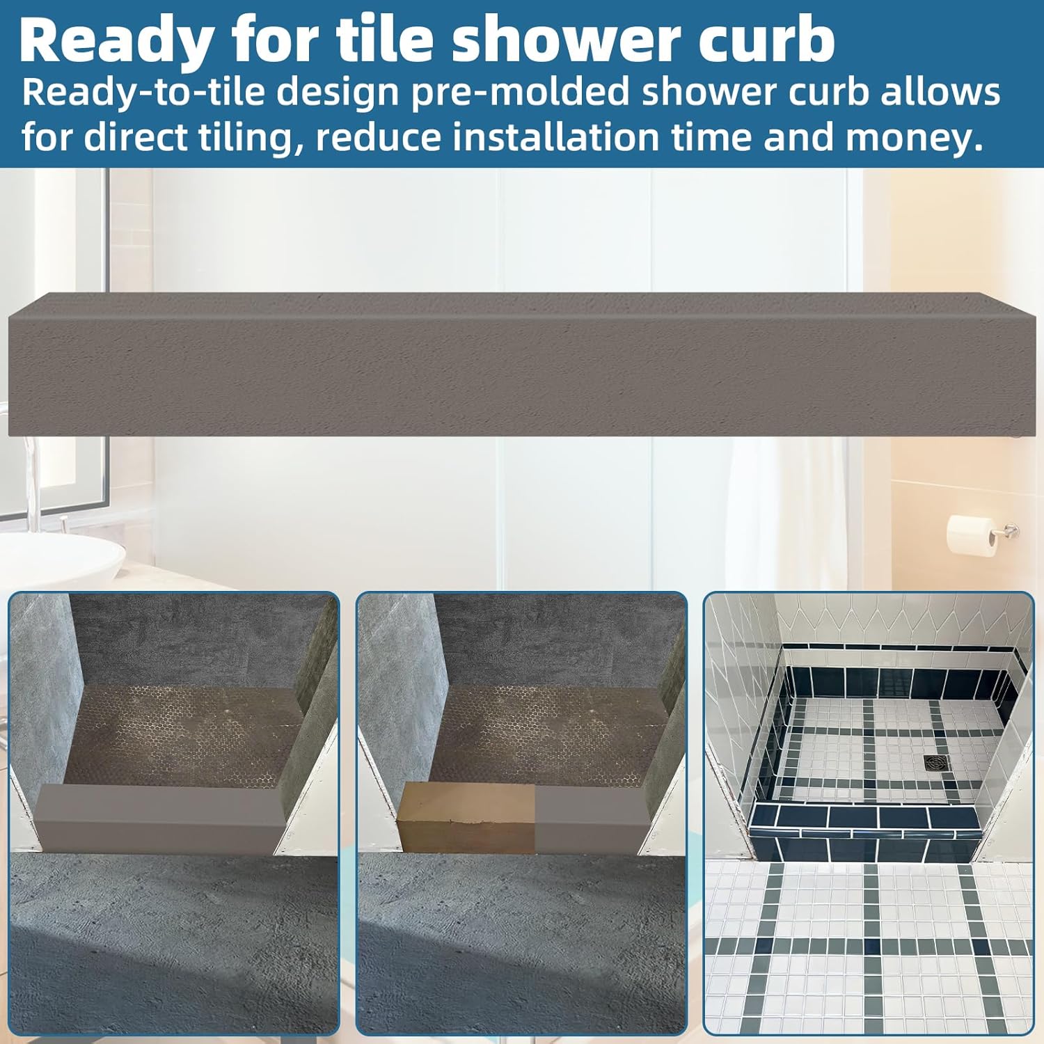 Shower Curb Kit,Waterproof Prefabricated Shower Pan Curb,Trimmable Ready to Tile Shower Curb Threshold for Shower Construction/Bathroom Renovation,Lightweight,Easy Installation,Load Bearing,48Length
