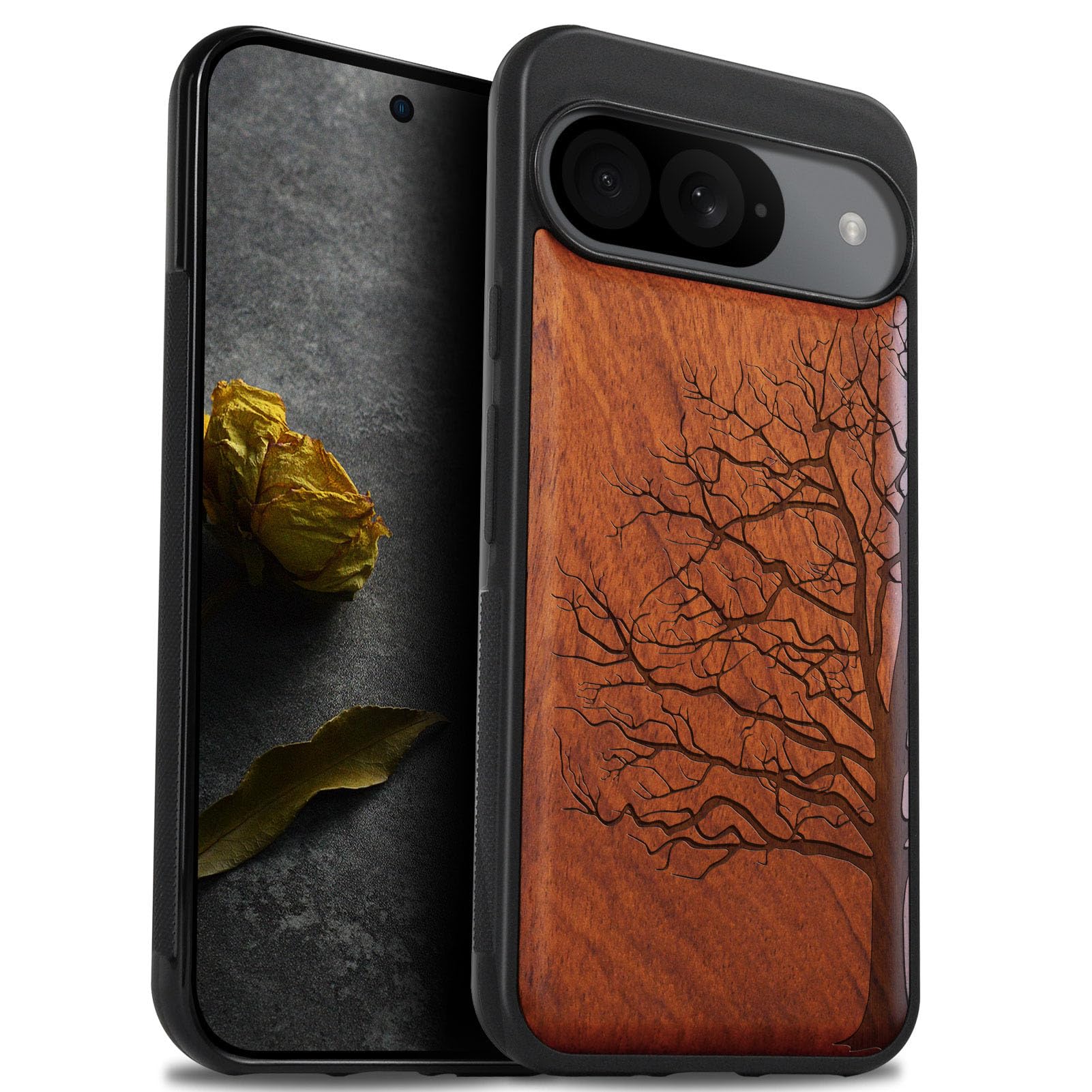 Carveit Wood Case for Pixel 9 Case [Natural Wood & Black Soft TPU] Shockproof Protective Unique Wooden Cover Compatible with Google Pixel 9 (Eternal