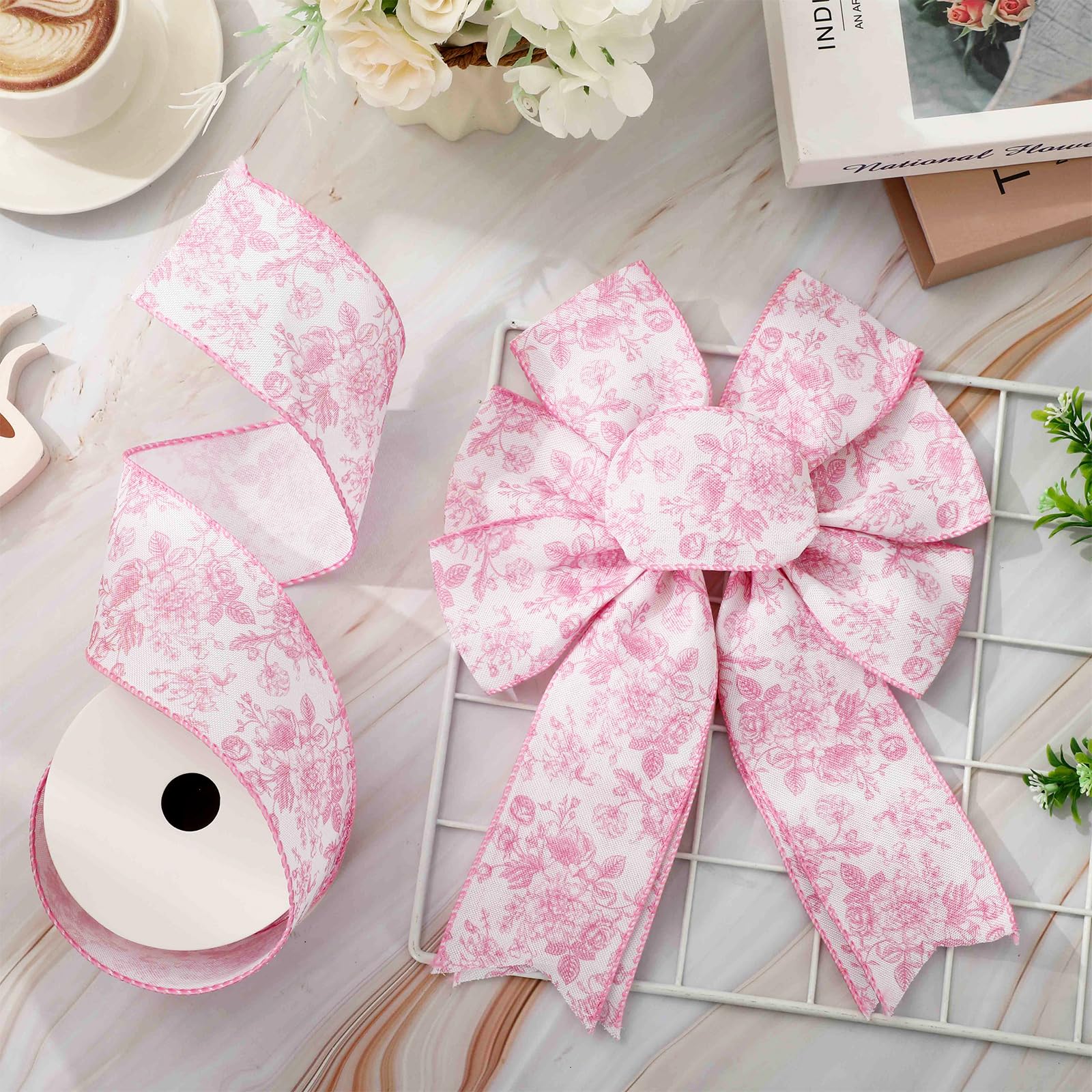 Amazon.com: Floral Wired Edge Ribbon Roll Pink Flower Chinoiserie