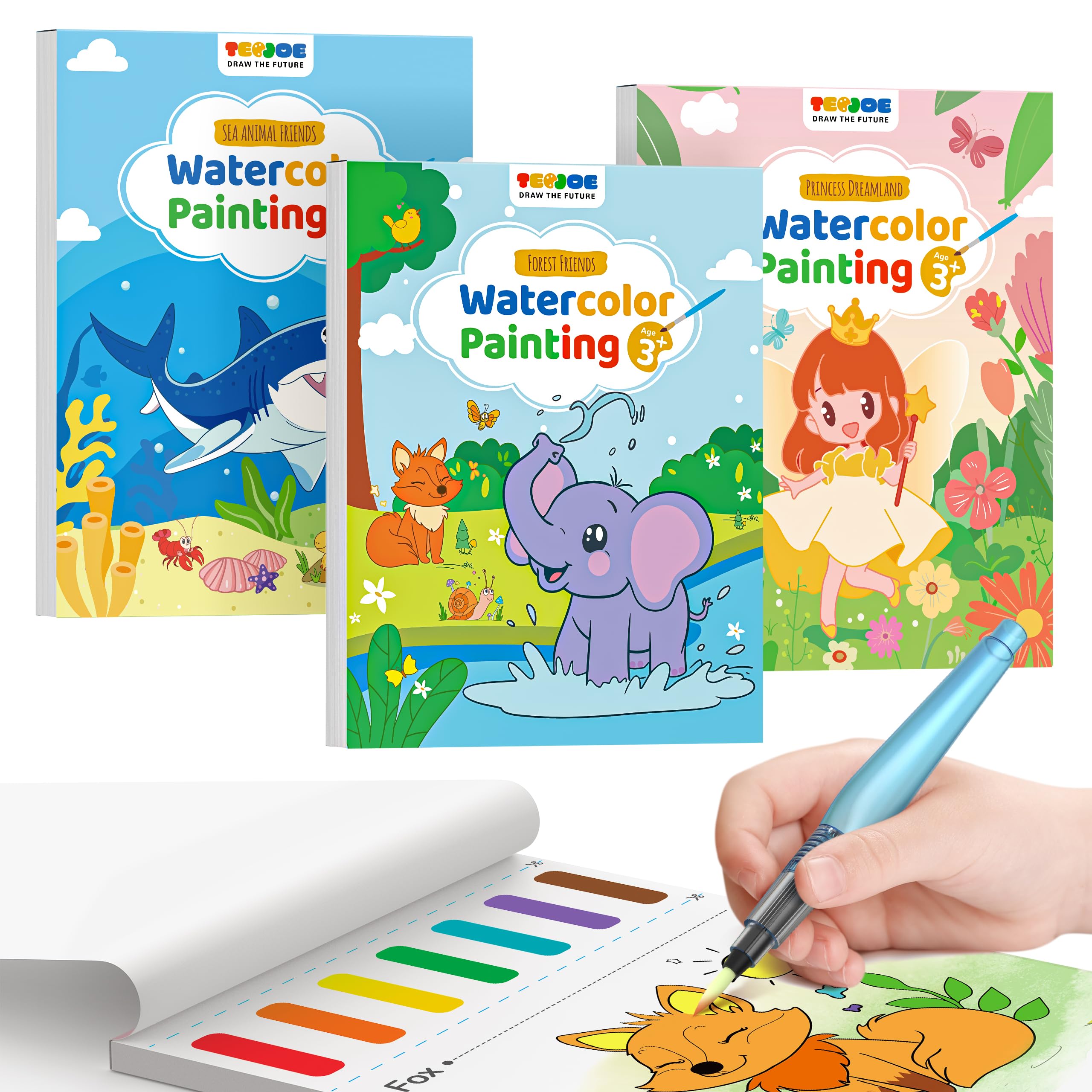 TECJOE 3 Pack Paint with Water Coloring Books for Toddlers, Watercolor Painting Set with 6 Brushes, Travel Activities for Kids Ages 1-3 4-8, Birthday Gifts Arts & Crafts Toy, Princess, Forest & Sea