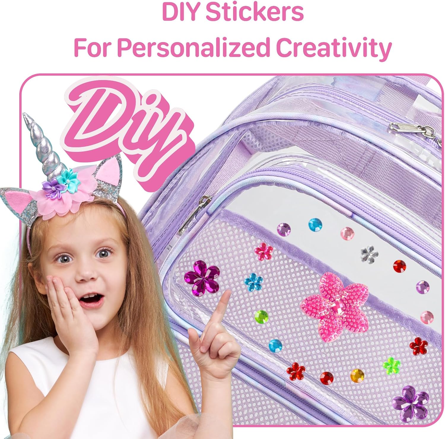 Bagseri Clear Backpack for Girls - 15 Inch Heavy Duty Kids Clear Bookbag for Kindergarten to Grade 2, Transparent School Bag with Reflective Strip, Fits Folders, Purple Tie-dye - Image 7