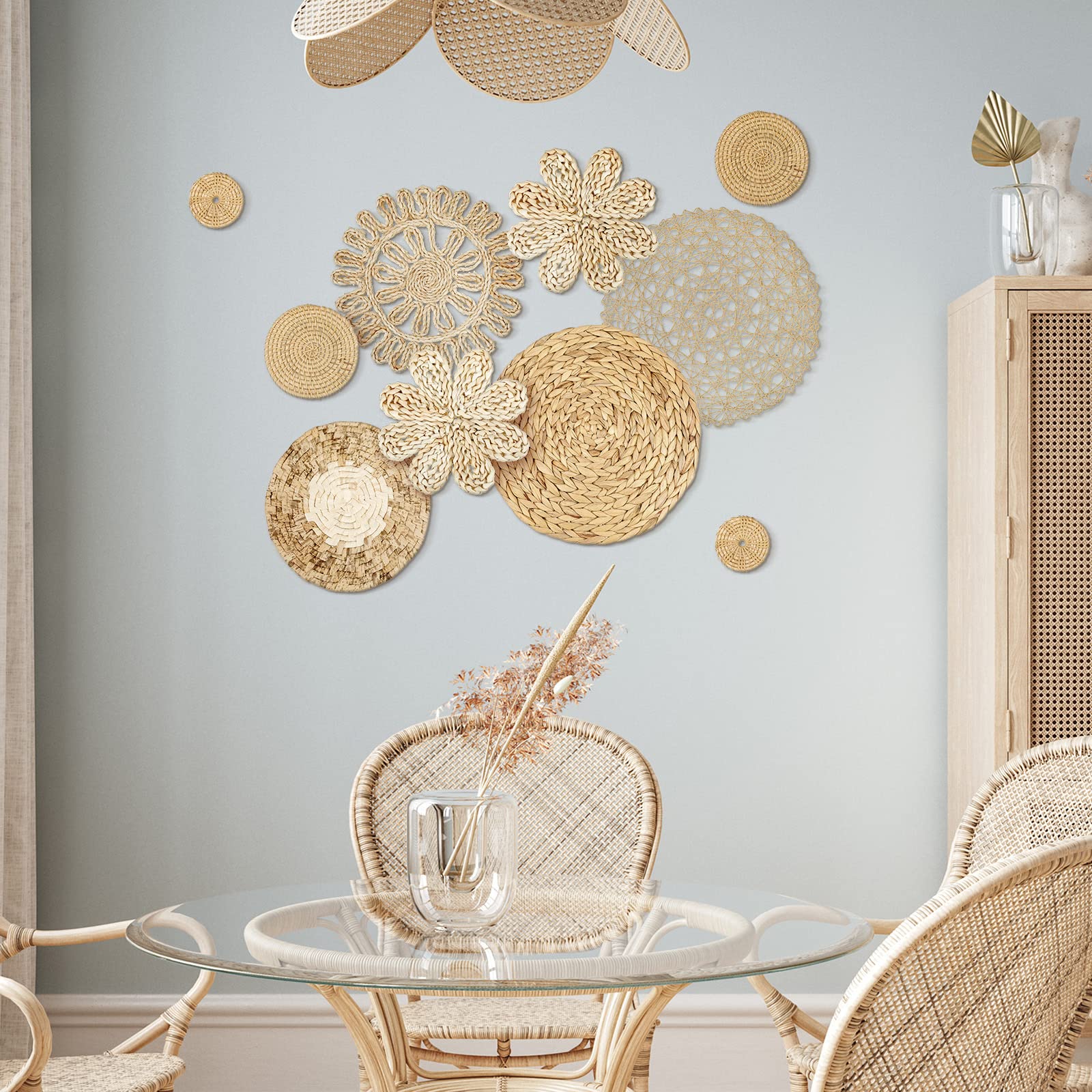 Glenmal Set of 13 Boho Wall Basket Decor Woven Rattan Bamboo Seagrass Wall Baskets Decor Handmade Boho Wall Hanging Decor for Bedroom Living Room Dining Room Office Ready to Hang with Nails