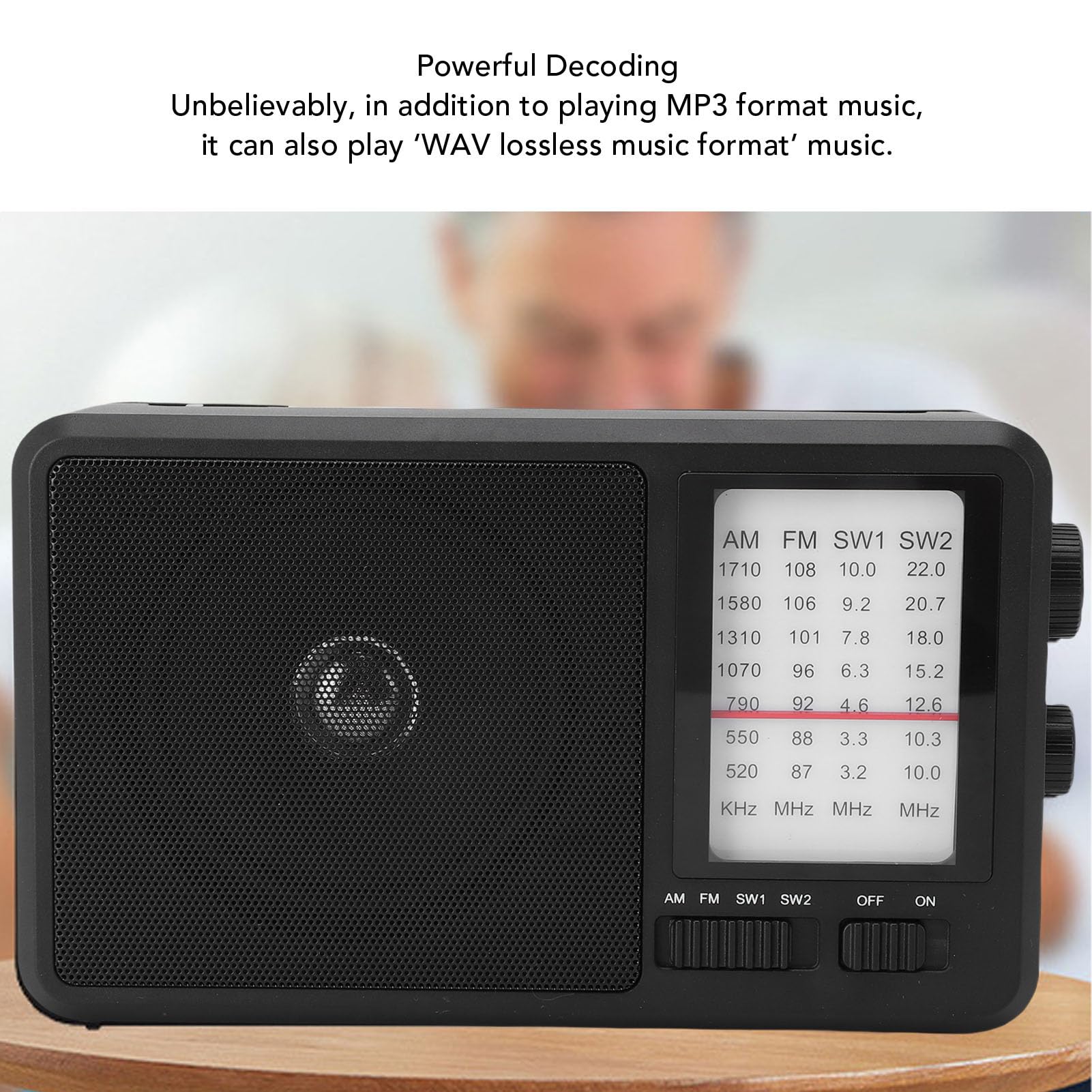 Diyeeni Przenośne Radio AM FM SW Radio z 4-calowym Głośnikiem Wielozakresowe AM FM SW1 SW2 Odbiór na Baterie lub Zasilanie Sieciowe do Użytku na Zewnątrz Domu dla Seniorów (Wtyczka UE 220 V)