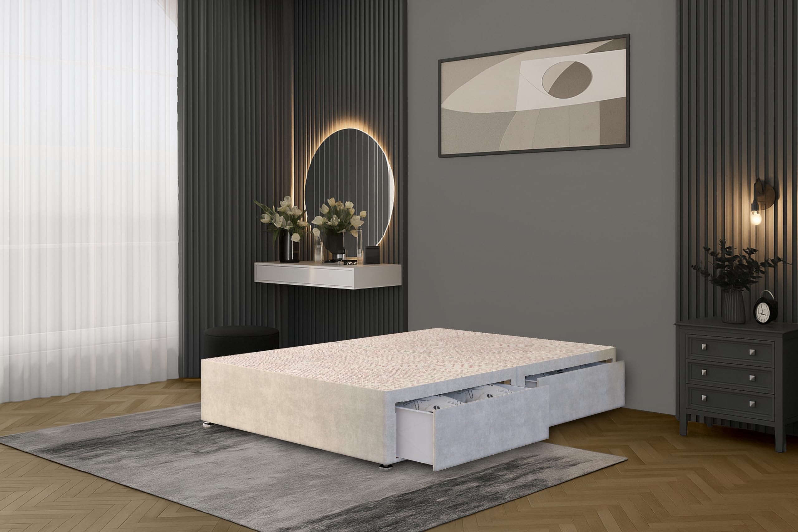 Bed Centre Flexby Divan Bed Base Only with 2 Drawers (Same Side), No Headboard - Available in 3FT, 4FT, 5FT & 6FT (5FT King, Plush Silver Fabric) — image 1