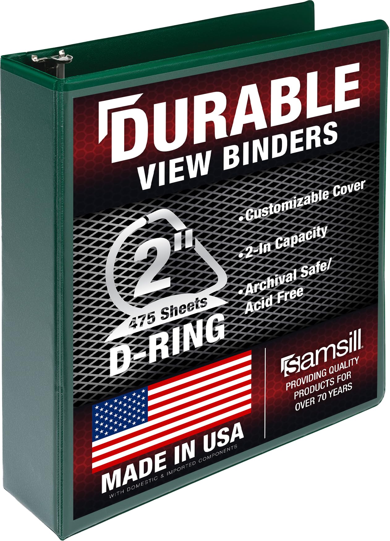 Samsill Durable 2 Inch Binder, D Ring Binder, Customizable Clear View Cover, Green, Holds 475 Pages