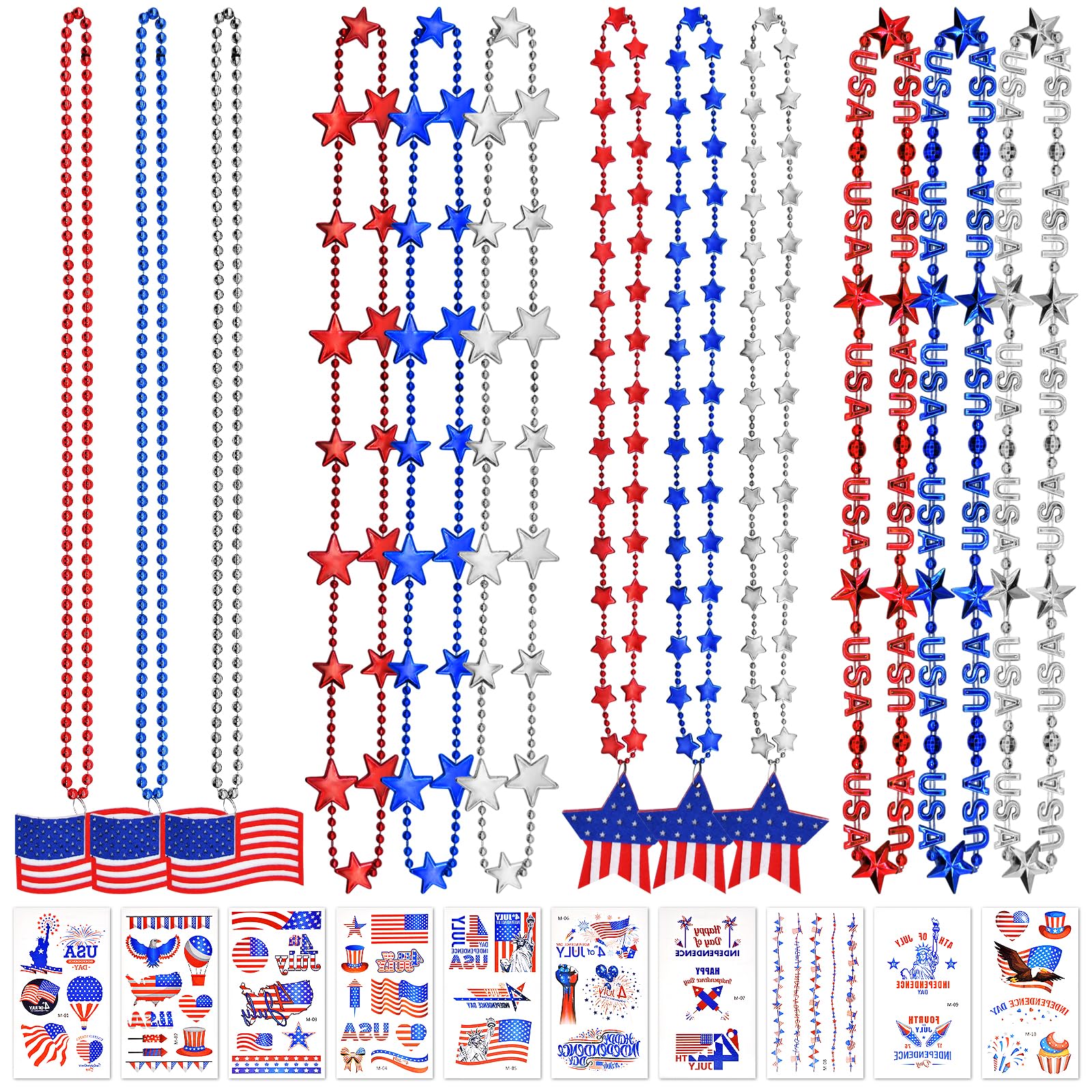 JGCWorker 12 Pcs 4th of July Party Favors Set, Red White Blue Beads Necklace with American Flag and Stars for Adults, Plus 10 Sheets Patriotic Tattoo
