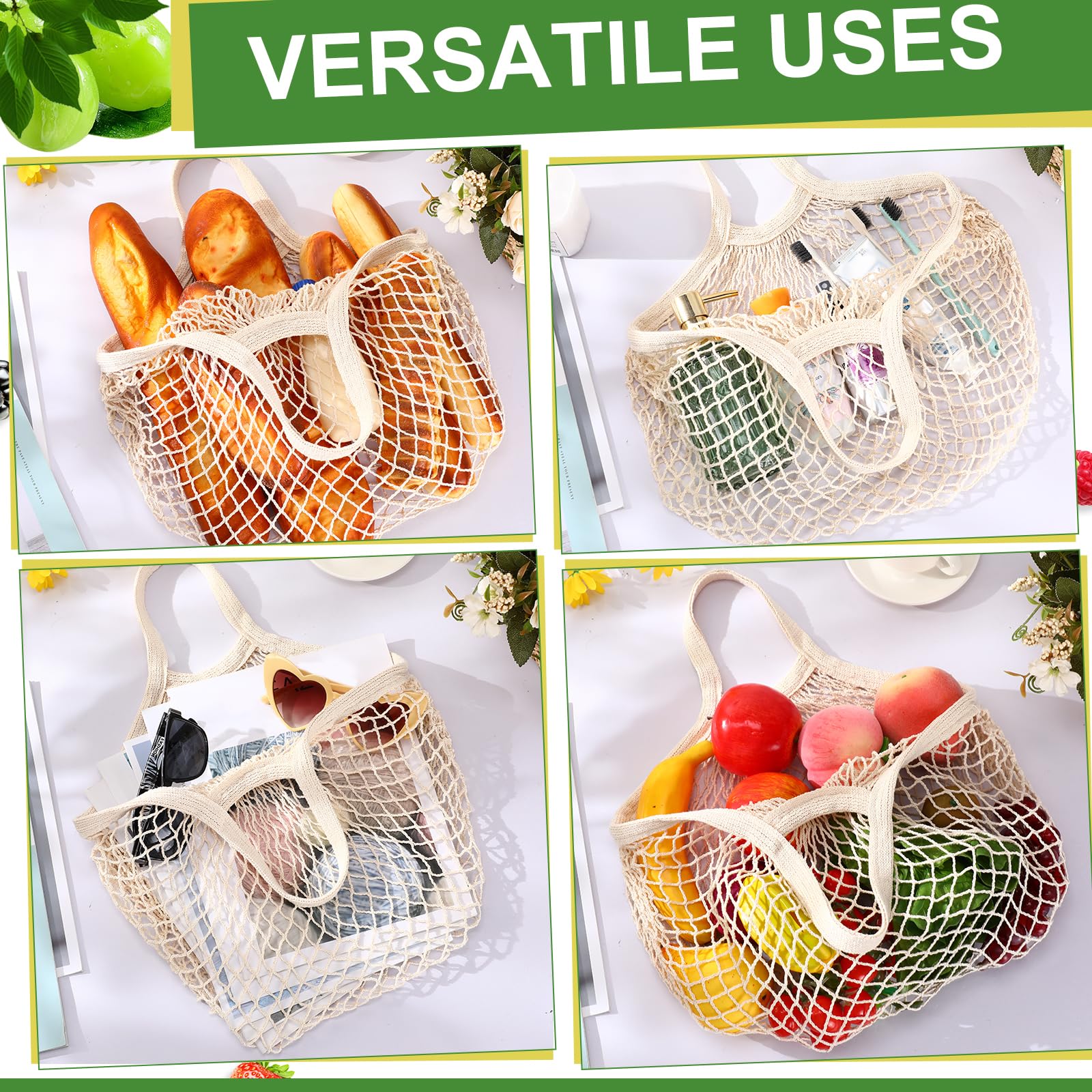 Paterr Paquete de 50 bolsas reutilizables de malla de algodón para comestibles, lavables a granel, bolsas de red para productos, bolsas de compras portátiles con asa para almacenamiento de frutas