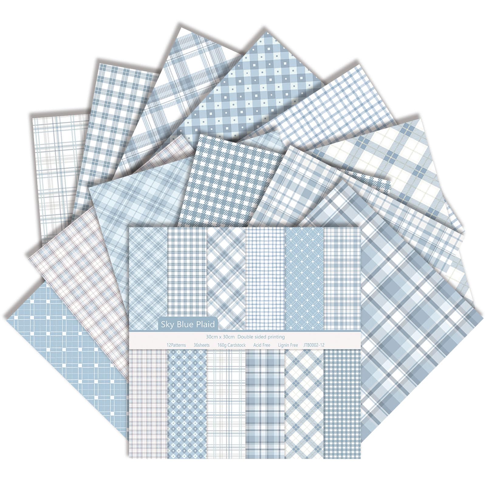 36 Sheets Scrapbook Paper 12x12 Inch, Double Sided, Plaid Pattern (Blue)