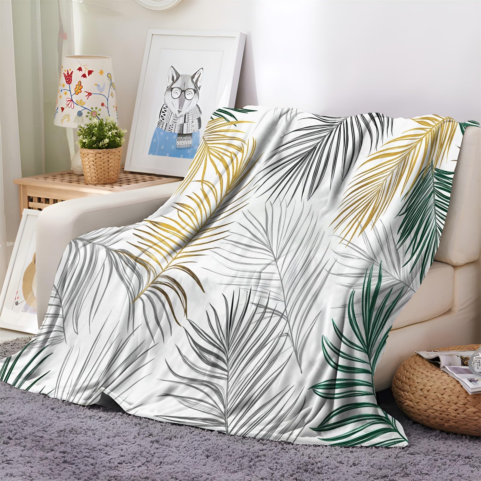 Coperta Plaid in Flanella di Pile Foglie di palma disegnate a mano 180x200 cm Super Morbida e Calda Coperta in Microfibra Letto Matrimoniale Singolo, Coperte per Bambina Bambino Regalo