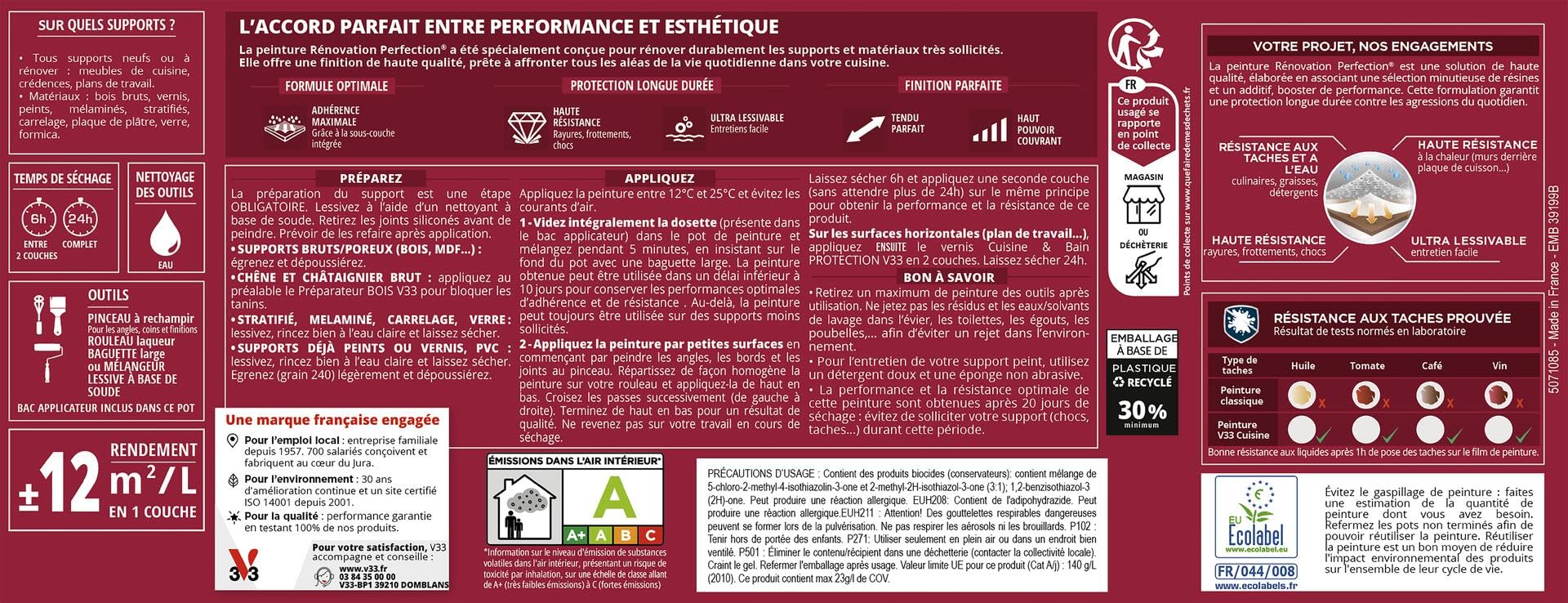 V33 Peinture Cuisine - Rénovation Perfection® - Haute Résistance taches et Chocs - Ultra-Lessivable - Meuble - Crédence - Plan de travail - Vert Sauge satin - 2L