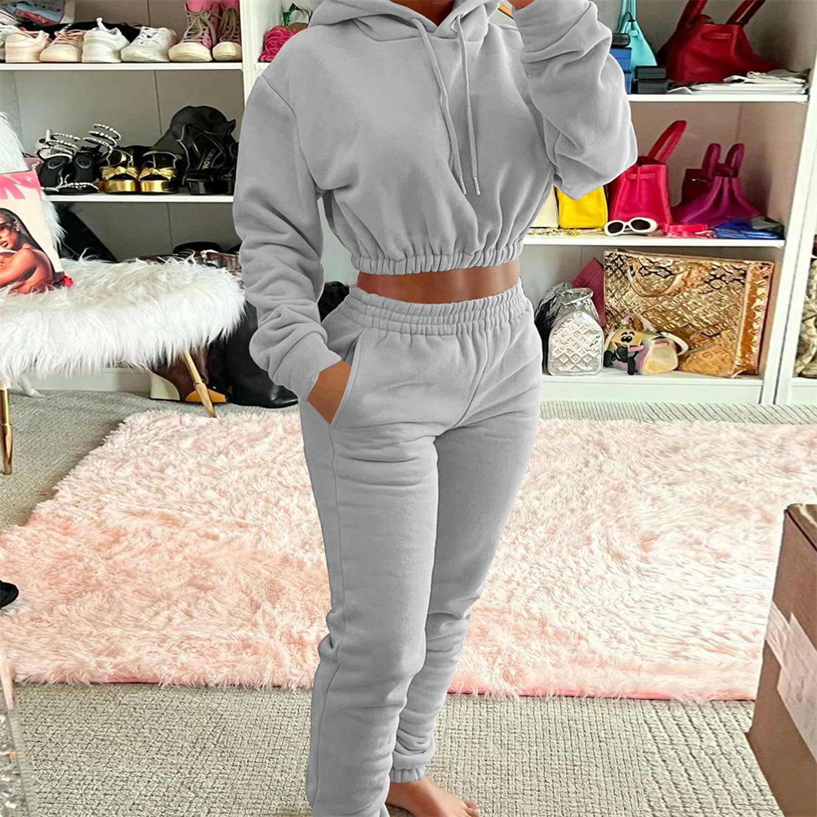Set da Corsa Invernale in 2 Pezzi da Donna Autunno Tinta Unita Activewear Manica Lunga Felpa con Cappuccio Corta + Pantaloni da Jogging Abbigliamento Sportivo da Donna-Auburn-S