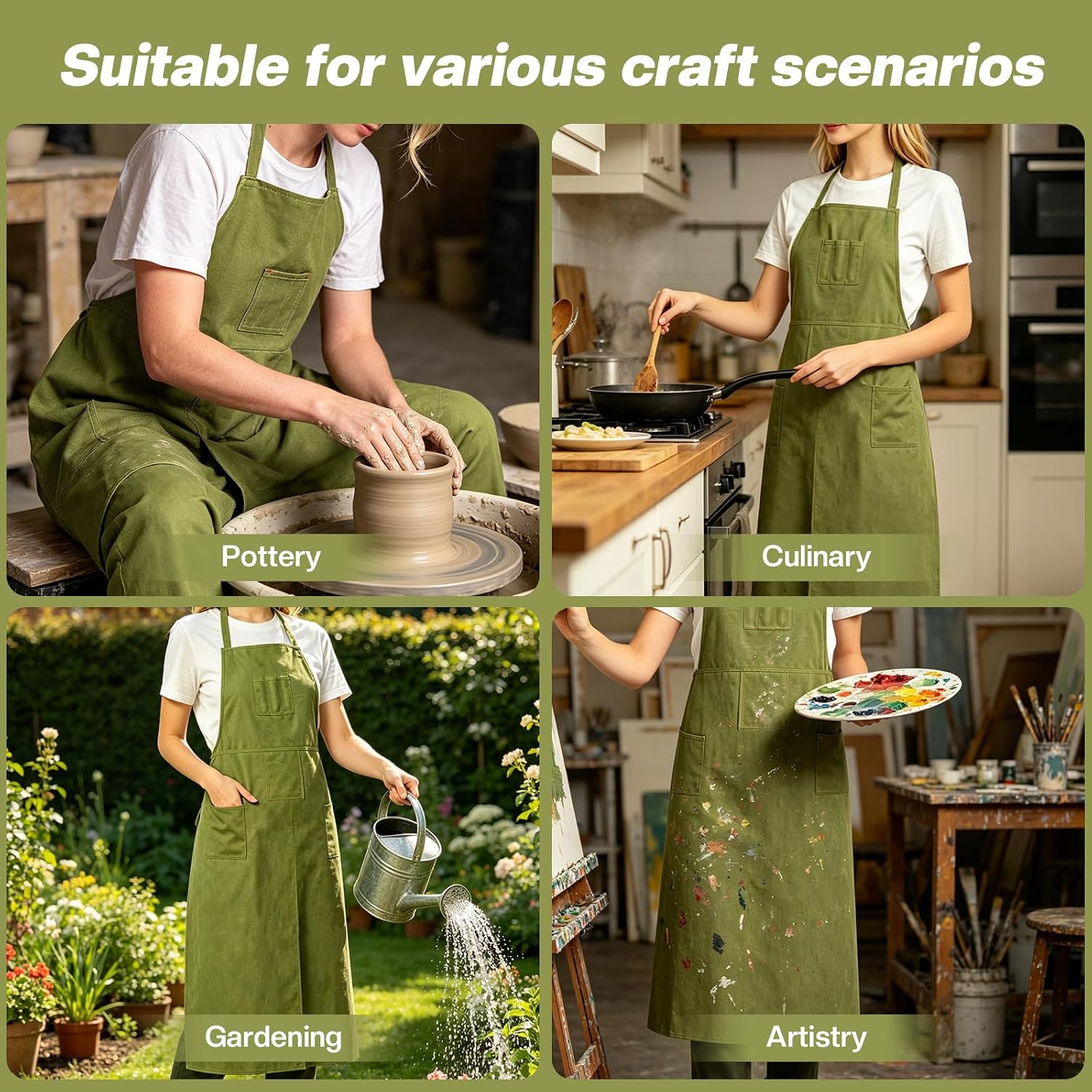 Pottery Apron Split Leg, Art Studio Smock for Women & Men | Lightweight canvas, split leg full coverage, adjustable cross back straps, 3 tool pockets, painting tattoo studio, washable