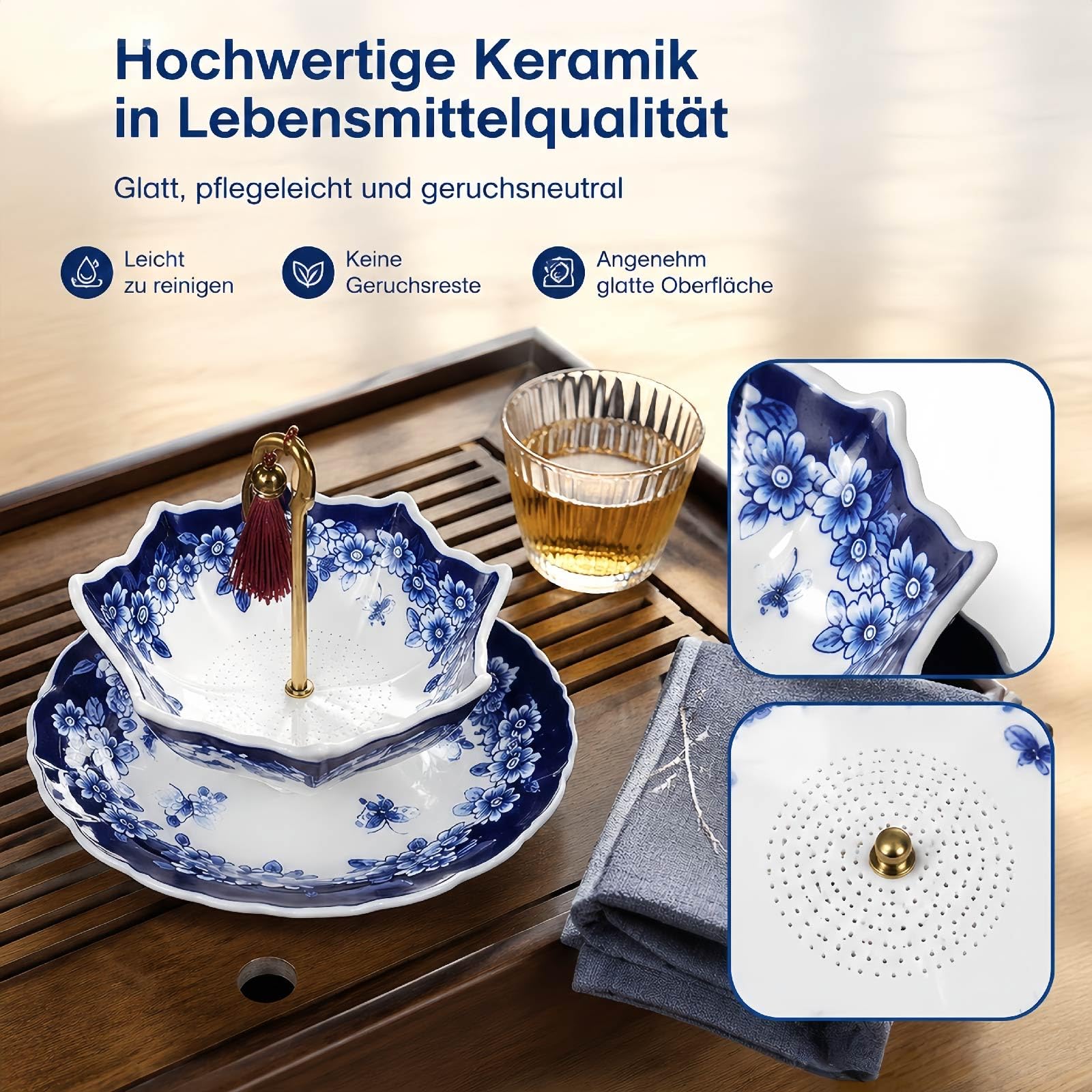 Umbrella Tea Strainer, Creative Regenschirm Teesieb aus Keramik, Blau-Weißes Porzellan-Rotationsdesign, Praktischer Teeschirm für losen Tee (2PCS Blaue Blume-Set)