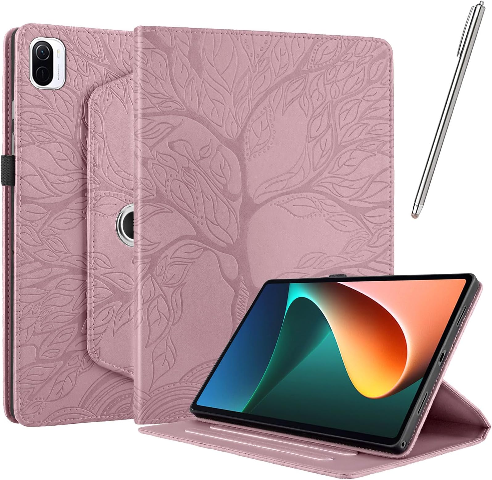 Rotating Case for Xiaomi Pad 5 / Pad 5 Pro with Stylus Pen, Ultra-Thin with Pencil Holder Stand Function 360 Degree Rotation Flip Cover PU Leather Protective Case [Sleep/Wake Function] - Rose