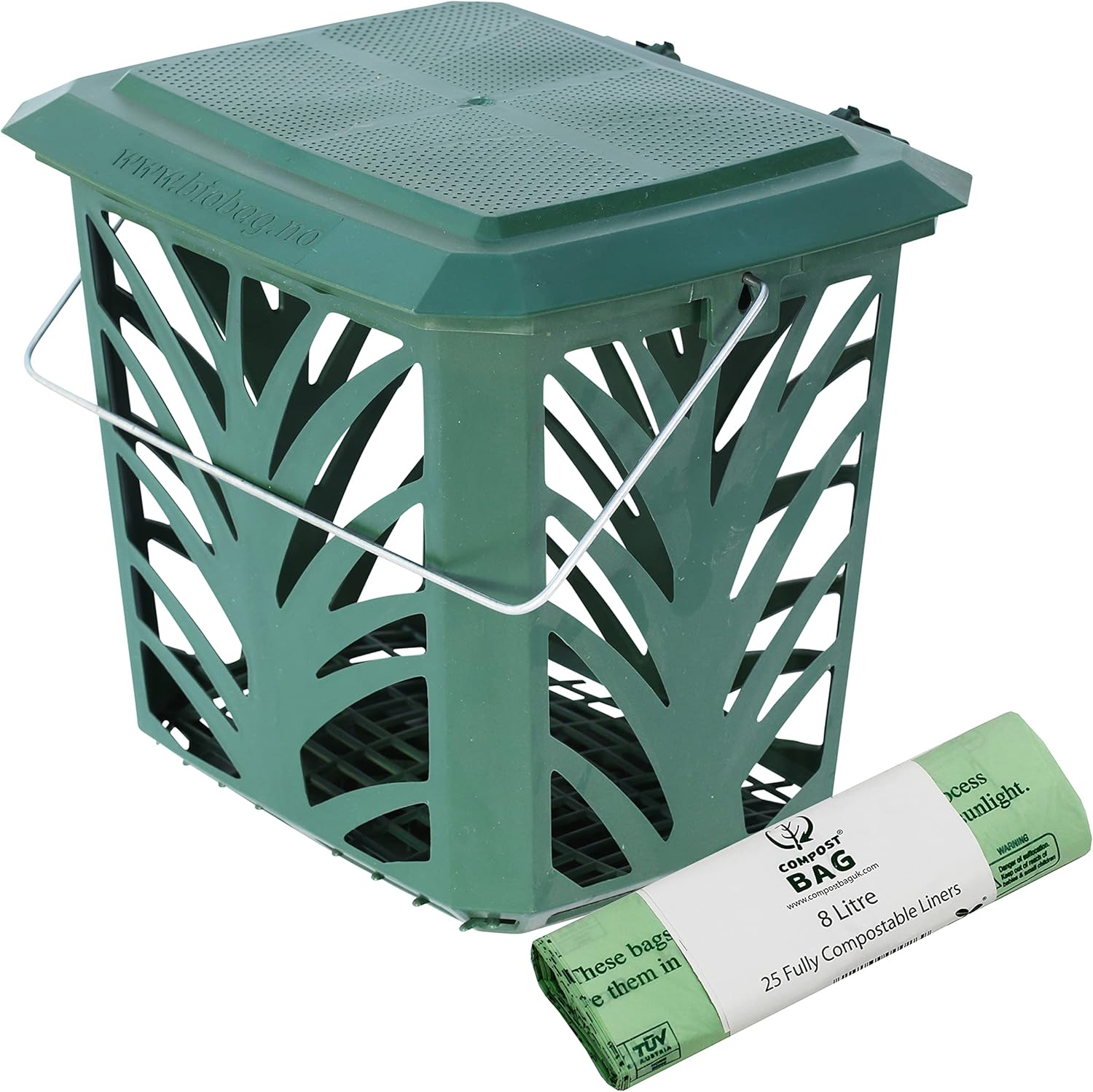 Green Kitchen Compost Caddy & 25x 8L Compostable Bags Maxair Vented