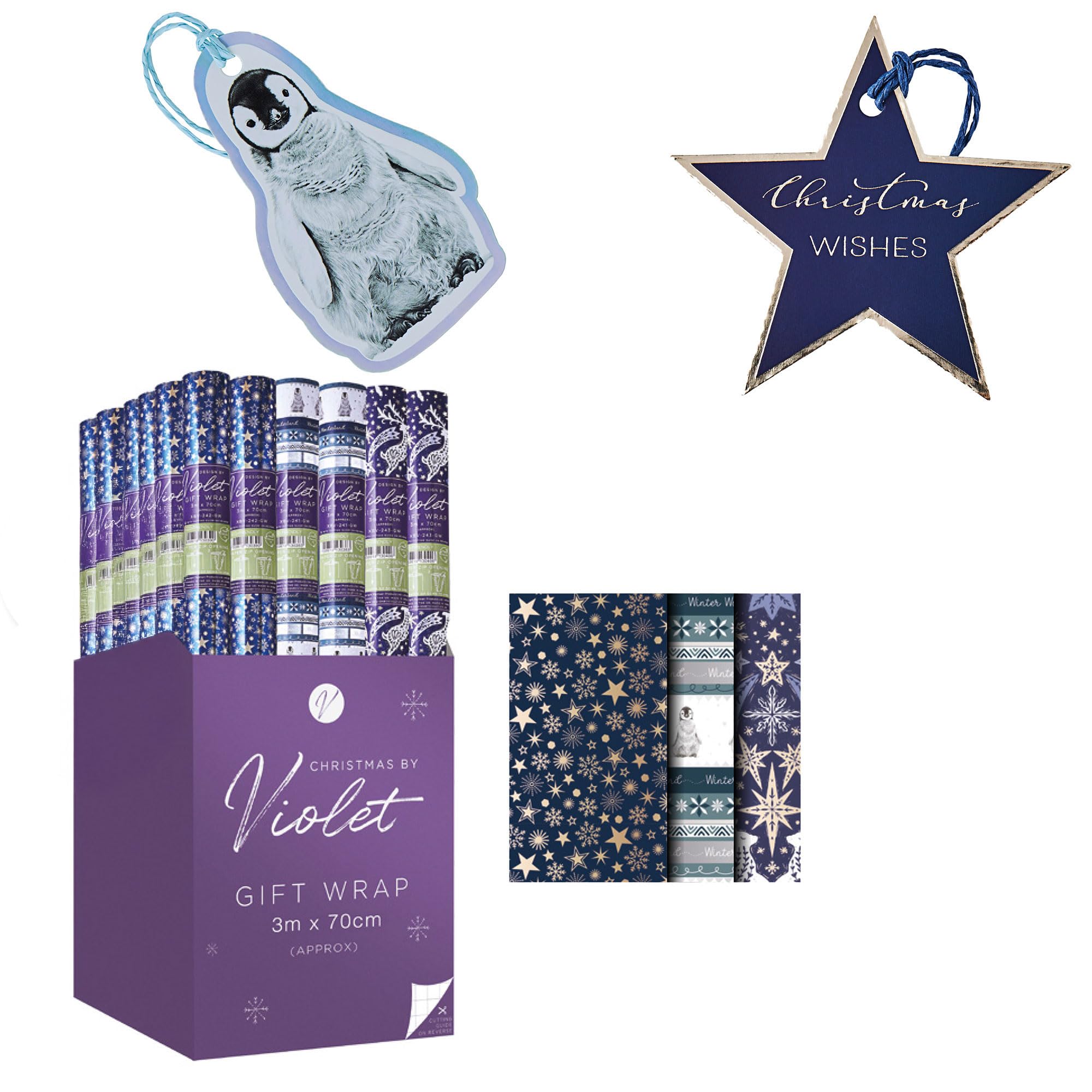 Design By Violet Christmas Penguin & Stars Gift Wrap & Tags Bundle – 3 x 3m Rolls & 16 Matching Tags – Foil Finish, Fully Recyclable Wrapping Paper Set