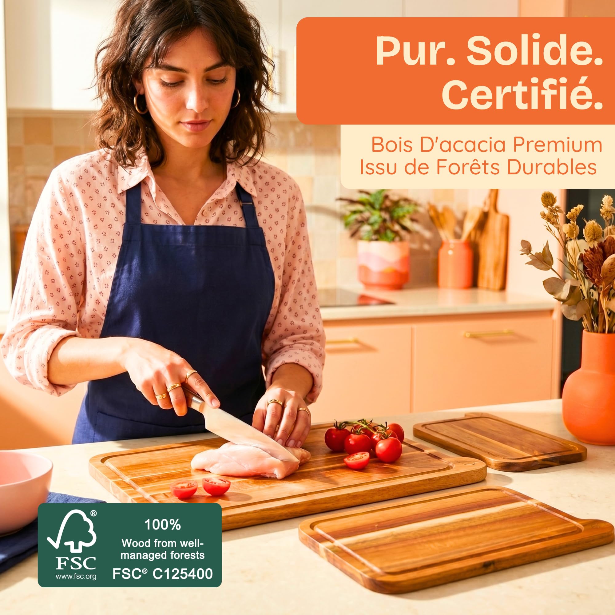 Planches à Découper Non Toxiques - Set Sans Huile Minérale, en Bois d'Acacia FSC - Ustensiles de Cuisine en Bois - Comprend 3 Planches à Découper. Par Ziruma