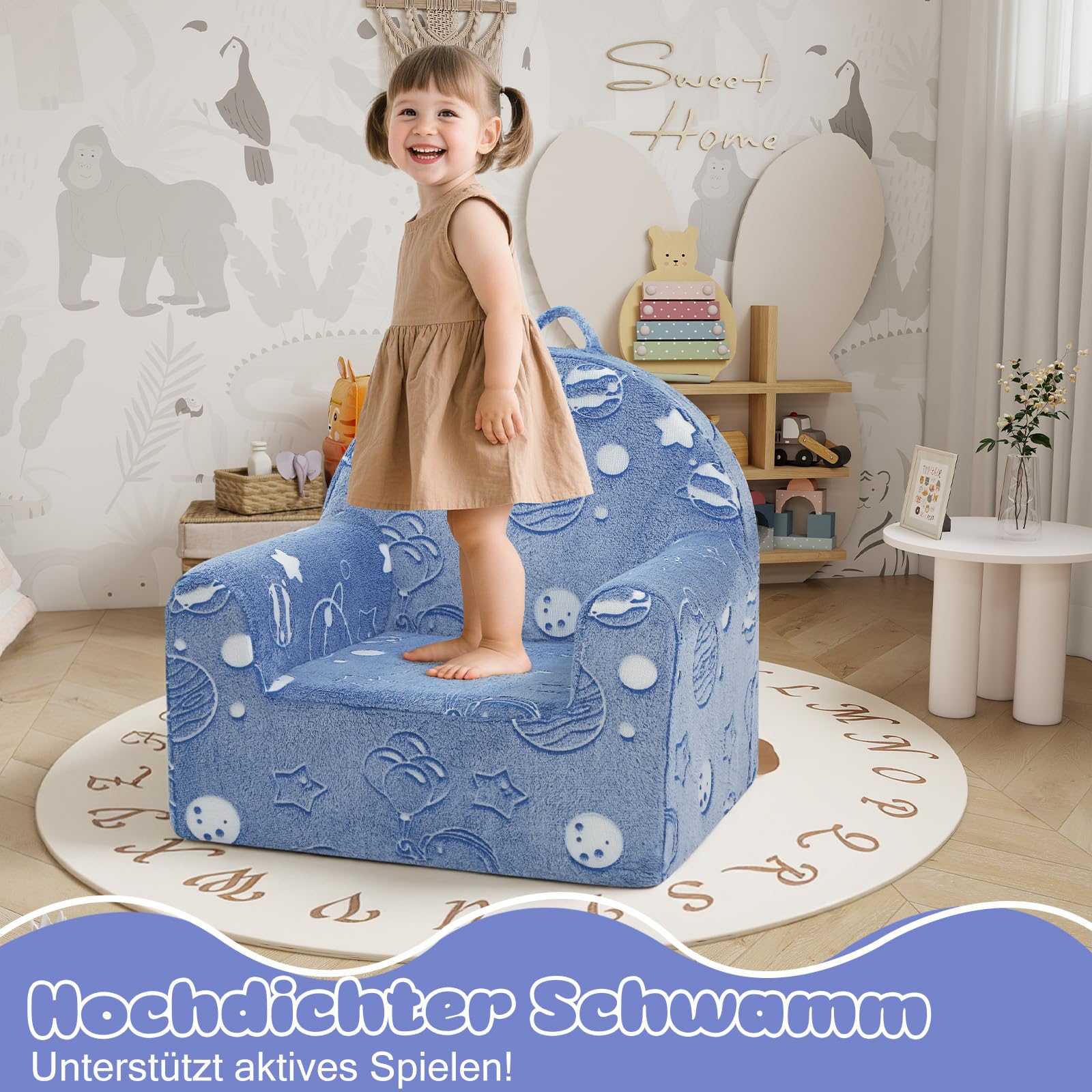 MeMoreCool Kinder Sessel – Bequemer Plüsch Kindersofa, Weicher Schaumstoff Stuhl, Tragbarer Kindersessel für Kinderzimmer & Leseecke, Universum
