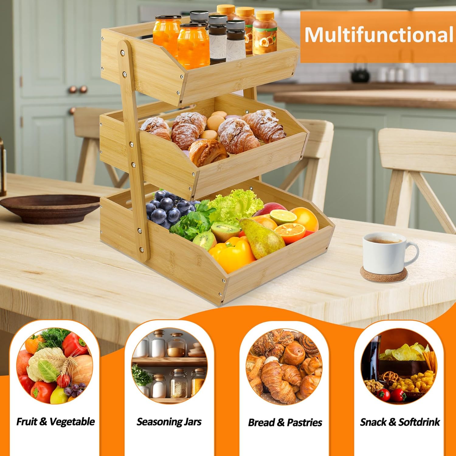 mobzio Fruit Basket for Kitchen Counter, 3 Tier Fruit Stand, Fruit Vegetable Storage Basket, Fruit Bowl for Kitchen Counter, Large Bamboo Basket Display Rack, Fruit Holder Produce Basket