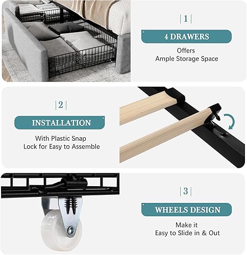 Miniatura 6 de HOOMIC Base de cama de almacenamiento de plataforma de tamaño matrimonial con 4 cajones y cabecera ajustable, listones de madera, no necesita