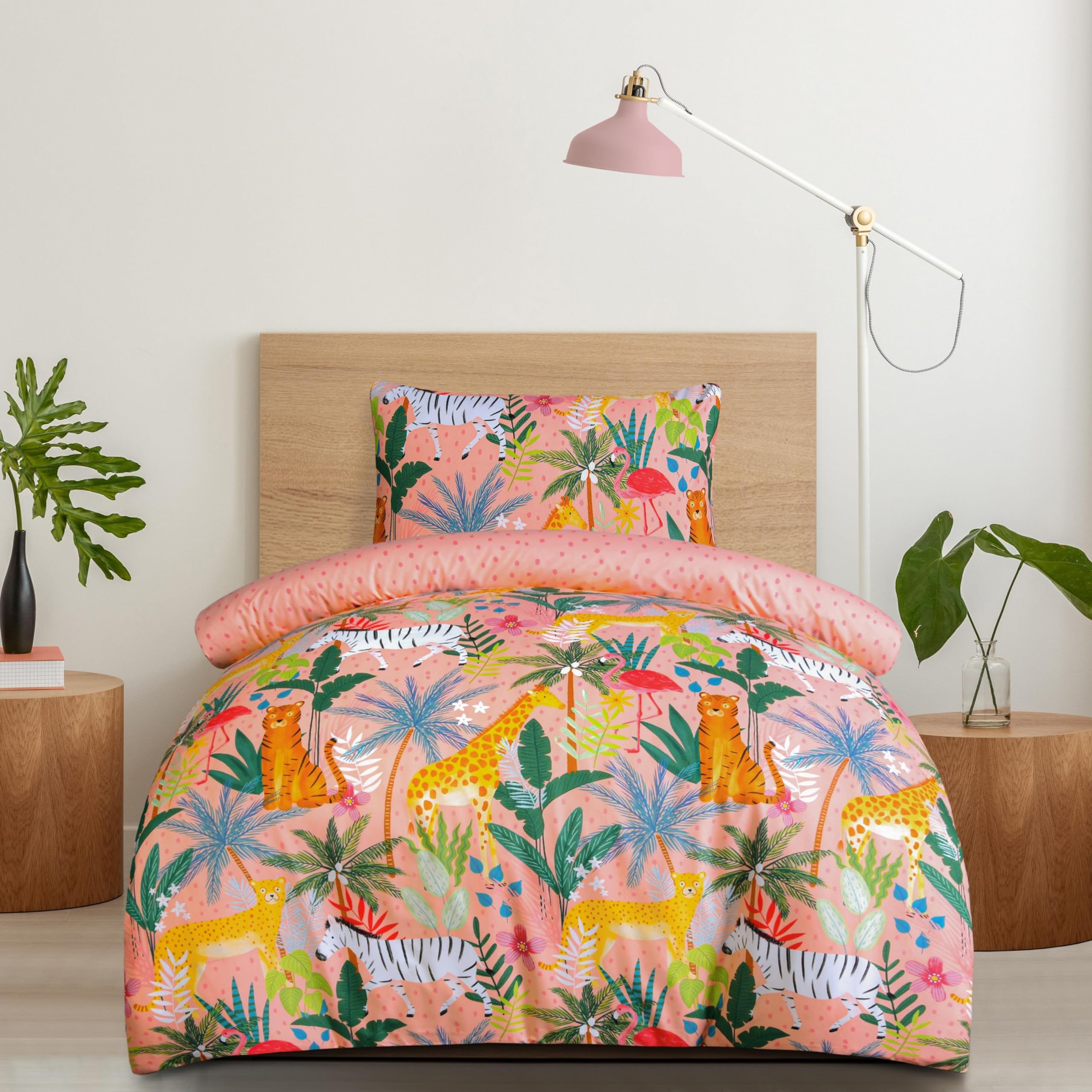 Sleepdown Girls Pink Safari Duvet Set With Pillowcase - Quilt Reversible Animal Theme Bedding Set - Duvet Set For Kids - Single 135Cm X 200Cm