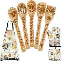 Vista 10 de 8 piezas de cuchara de cocina de bambú con forma de pollo con delantal y guantes de horno, utensilio de cocina con temática de gallo para mujeres