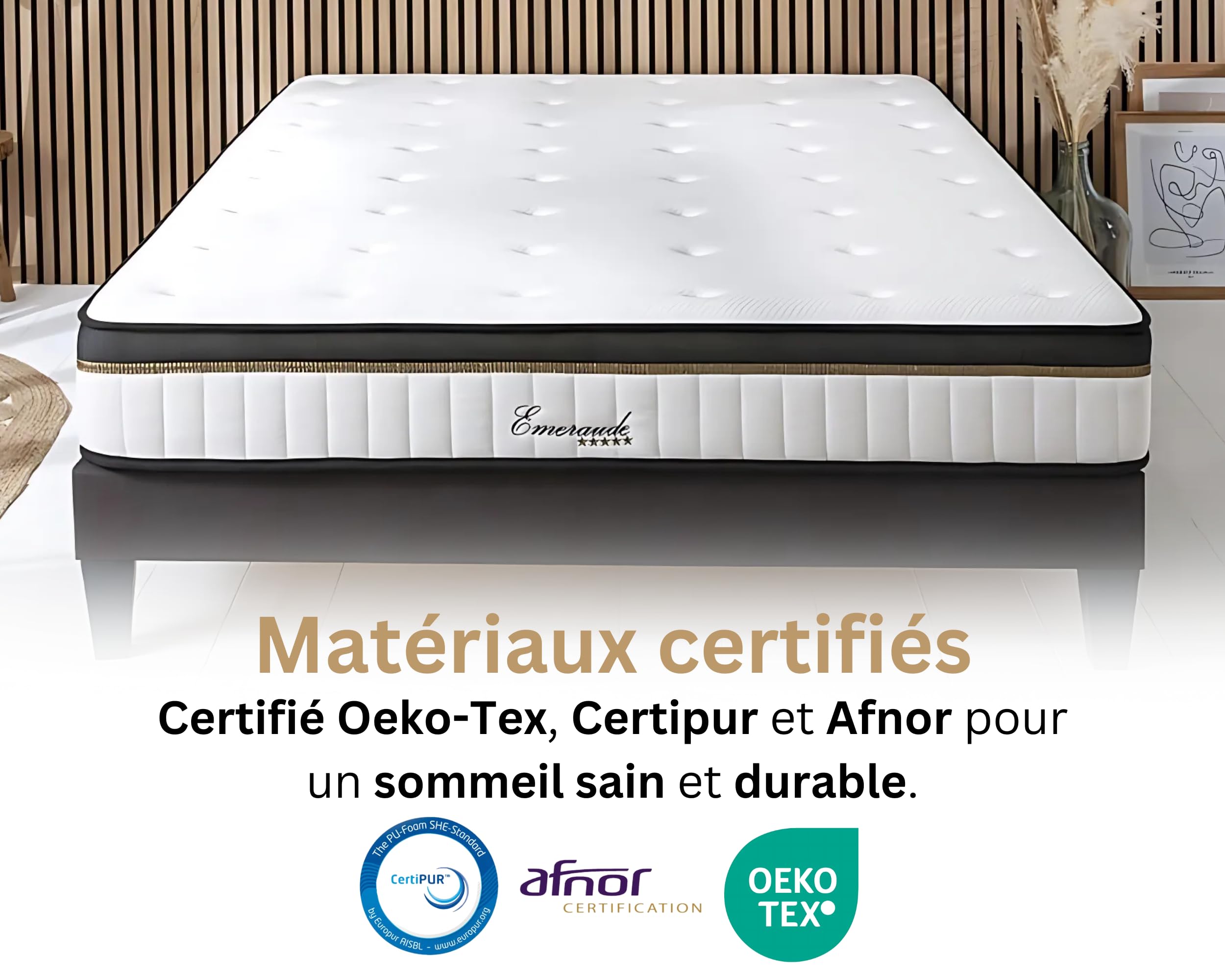 Maison Aubertin - Ensemble Matelas Sommier Emeraude 180x200, Ép 54, à Mémoire de Forme Haute Densité 60 kg/m³, Mousse à Cellules Ouvertes, Lit en Bois Massif, 2 Personnes