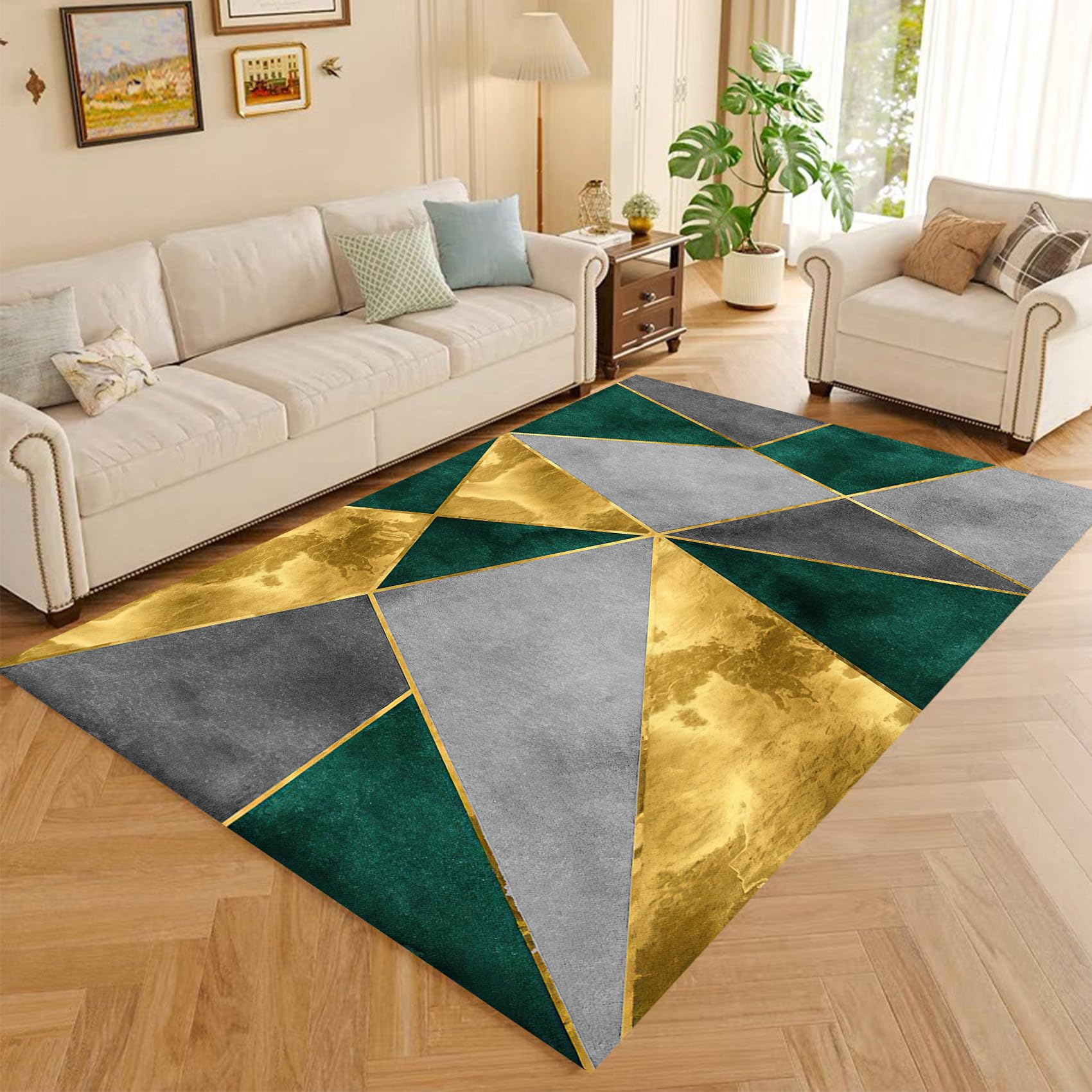 Rug-QJDDUP Tappeto Salotto Pelo corto, Nero Grigio Bianco Verde Giallo Geometrico Art Déco Moderno,Green Yellow,160 x 200 cm,Tappeti Soggiorno, Camera da Letto, Sala da pranzo, Salone,