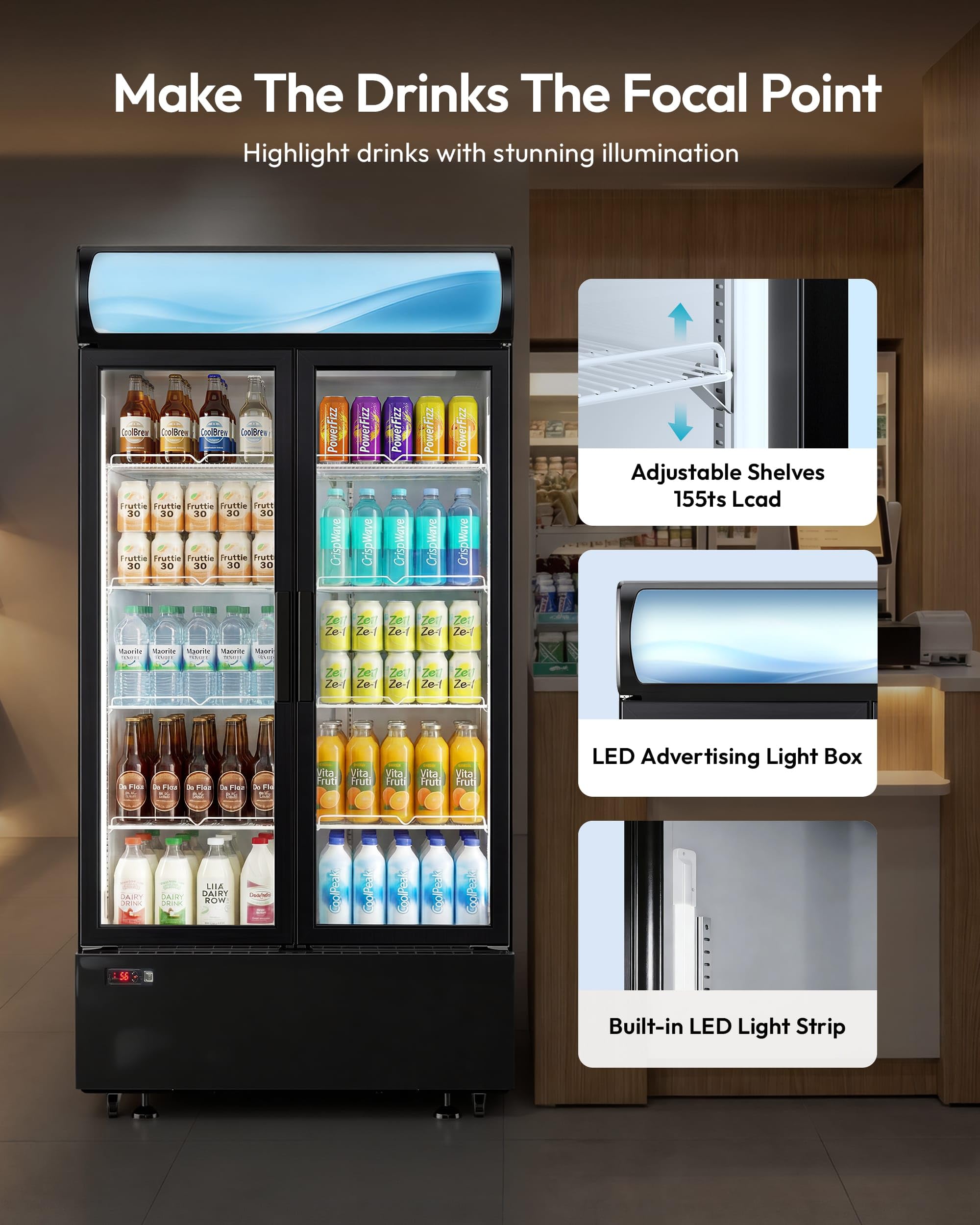 Icevival 21 Cu.Ft Commercial Refrigerator, Beverage Refrigerator With Built-In LED Light, 2 Glass Door Drink Display Fridge With Adjustable Shelves, 32-50°F Temperature Control Etl Certified on Fridge.com - View 6