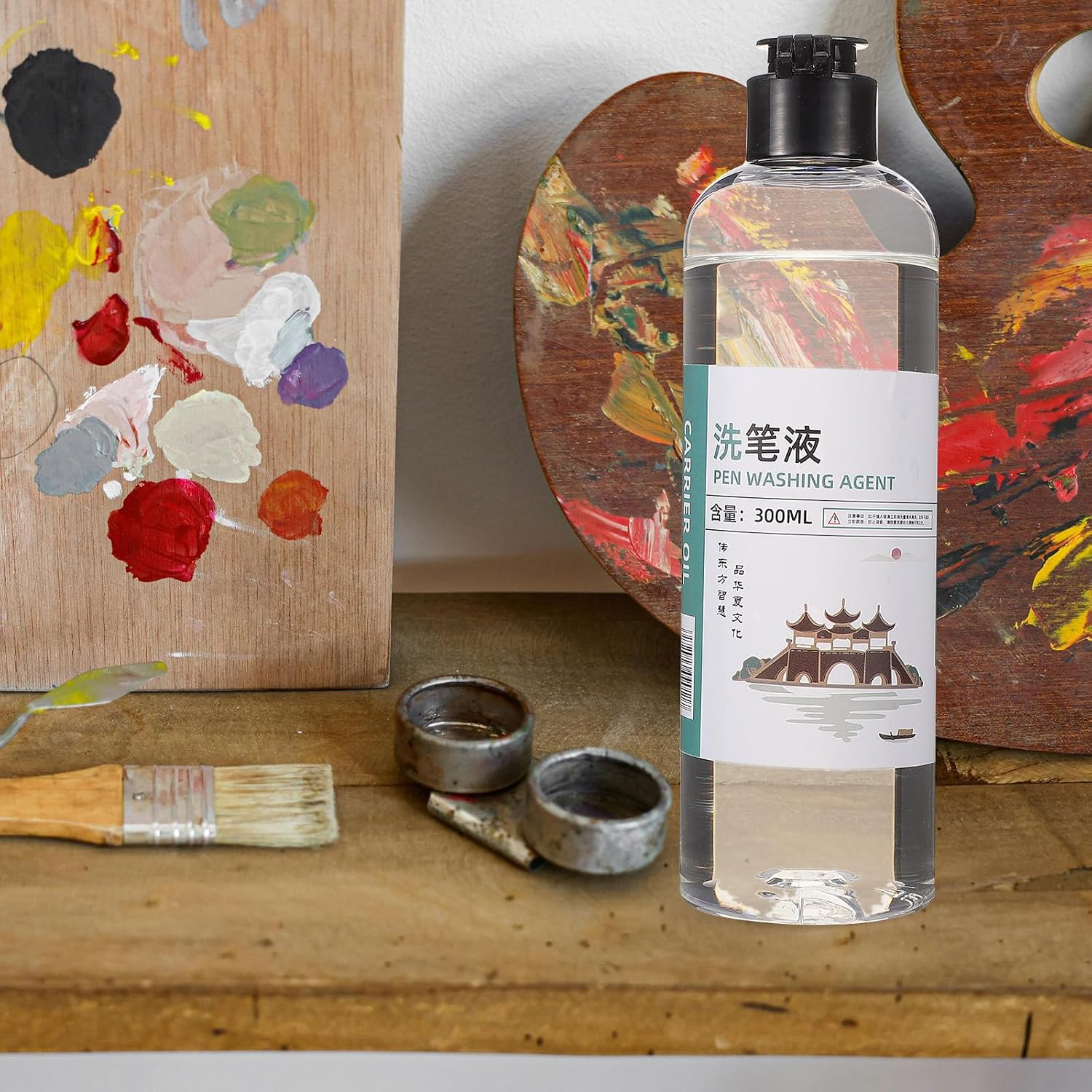 Paint Brush Cleaner Liquid Convenient Plastic Bottle 300ml with Brush Cleaning Function and Protective Formula for Oil and Watercolor Painting