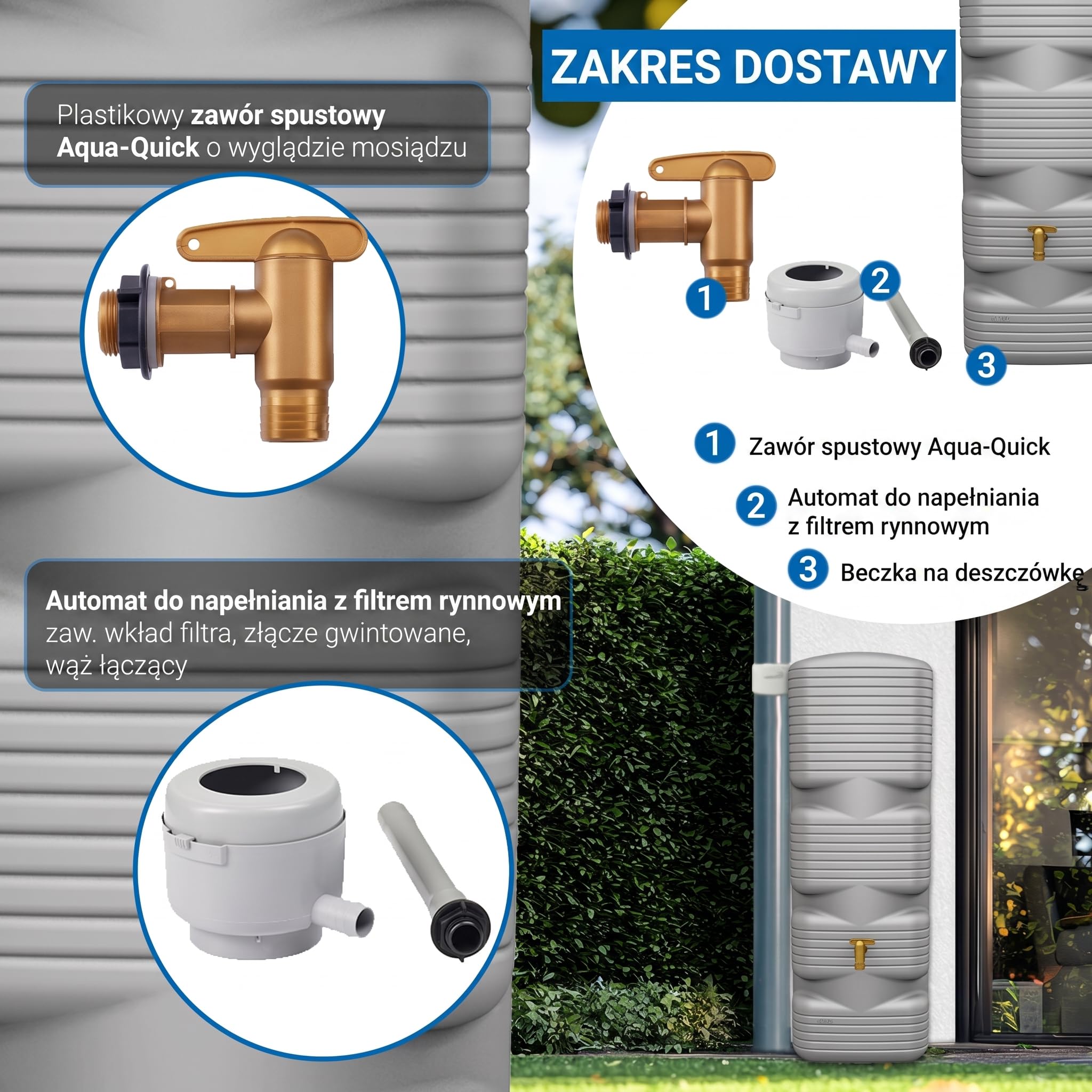 4rain QUADRO zbiornik przyścienny na deszczówkę zestaw kompletny 170 l | szary betonowy, z kranem spustowym z tworzywa sztucznego i przyłączem do rury spustowej